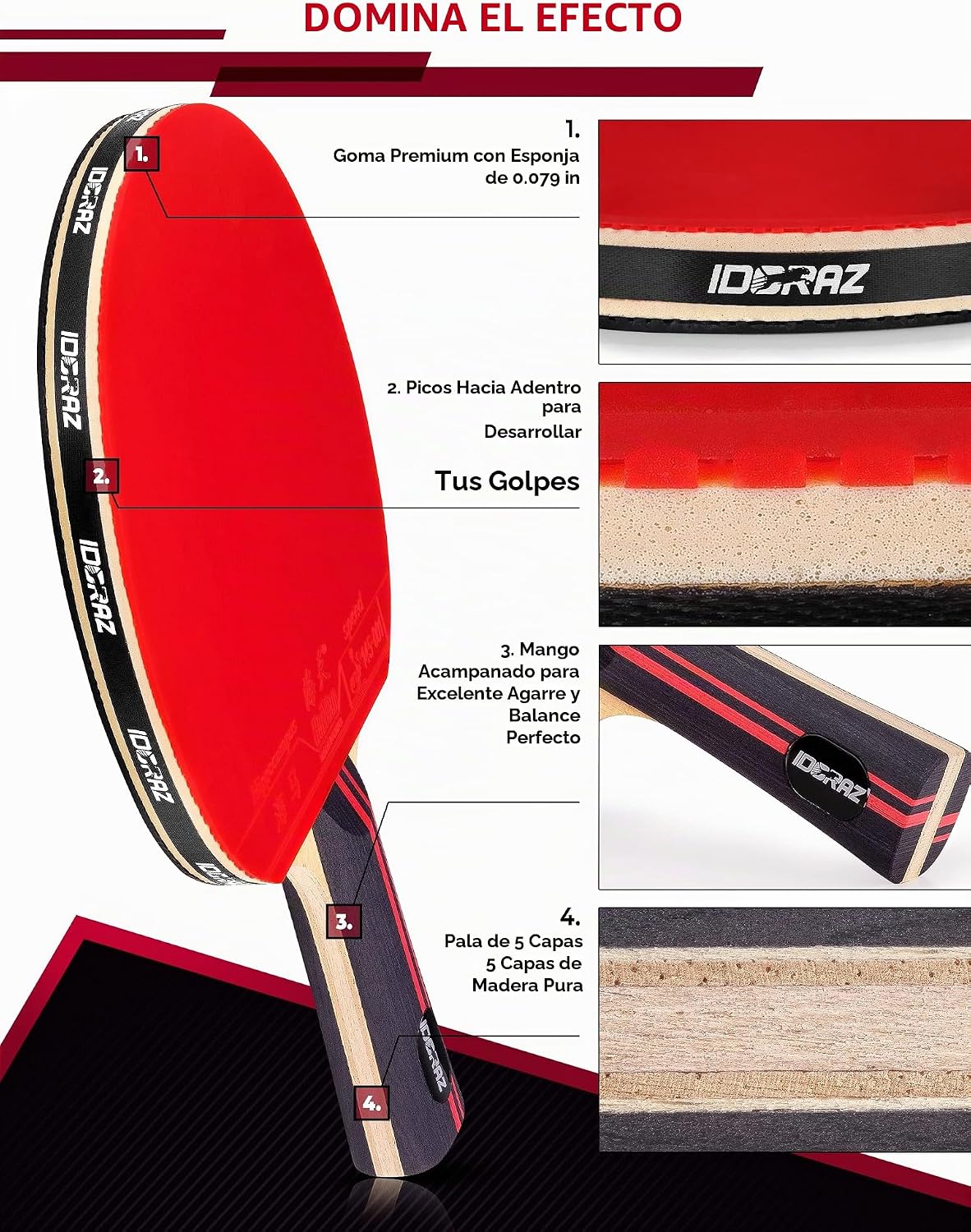 Idoraz Pala Profesional de Ping Pong - Raqueta de Tenis de Mesa con...