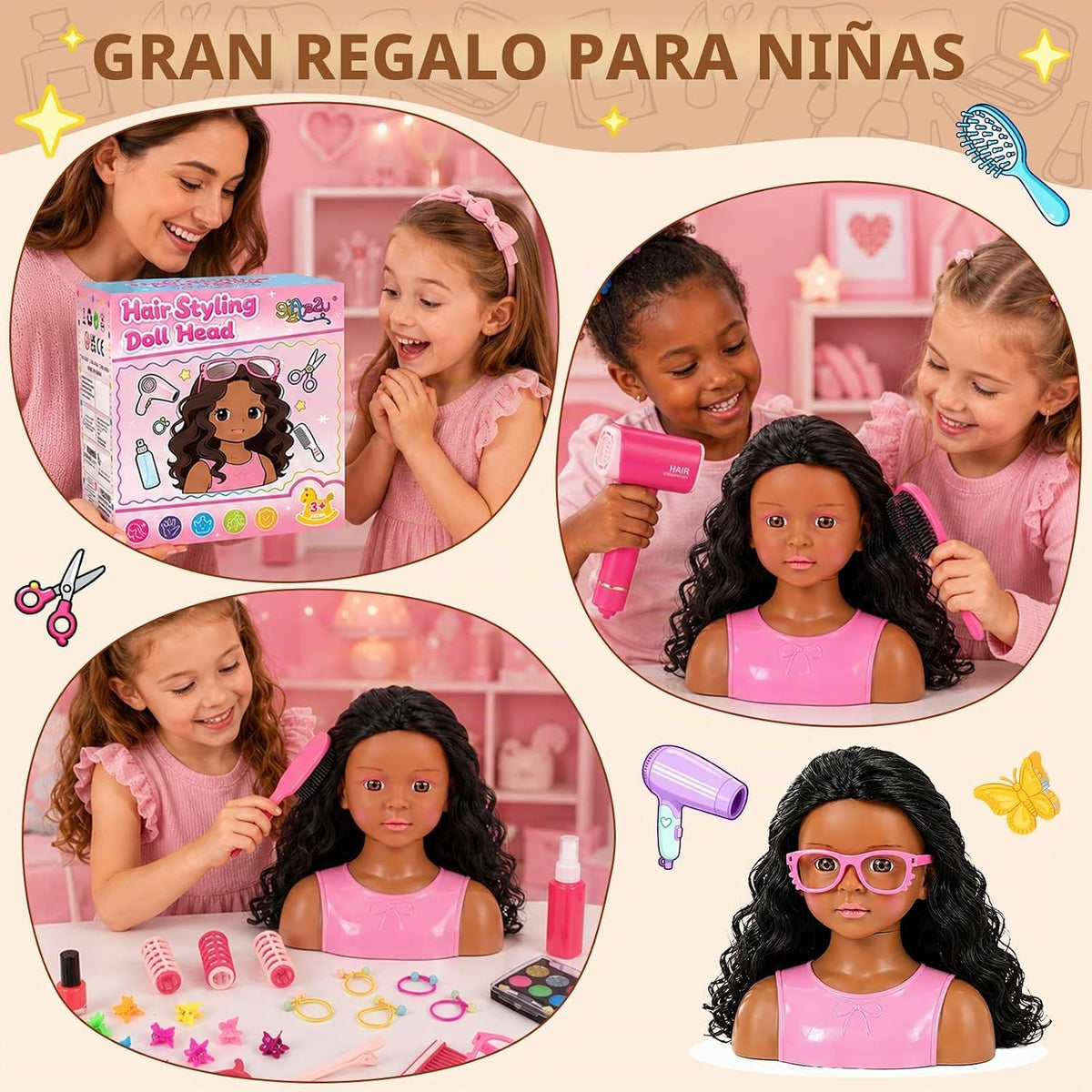 Cabeza de muñeca para peinar el cabello para niños | Accesorios par...