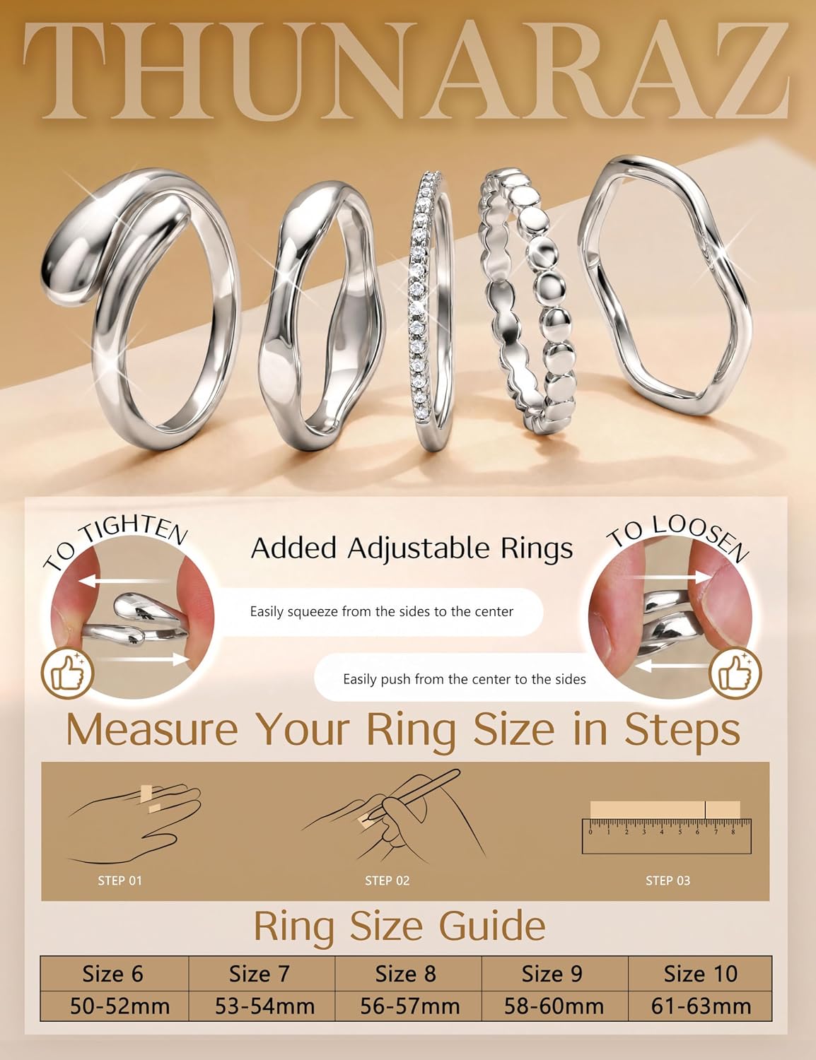 THUNARAZ Anillos chapados en oro de 14 quilates para mujer, no se d...