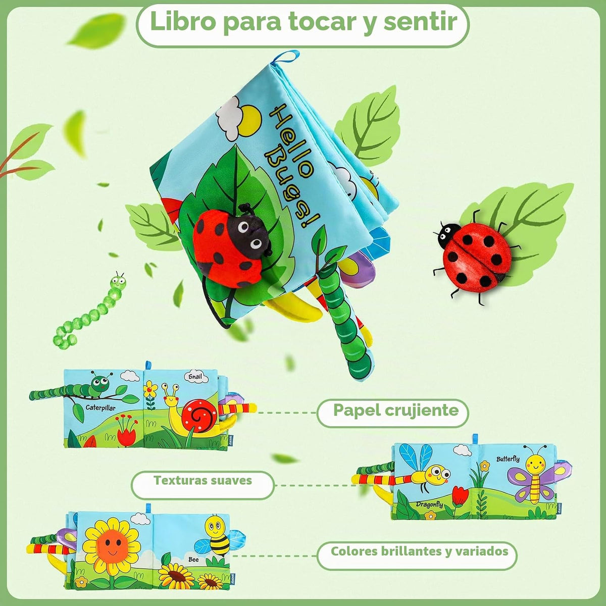 Libro de bebé suave arrugado, libro de tela sensorial para tacto y...