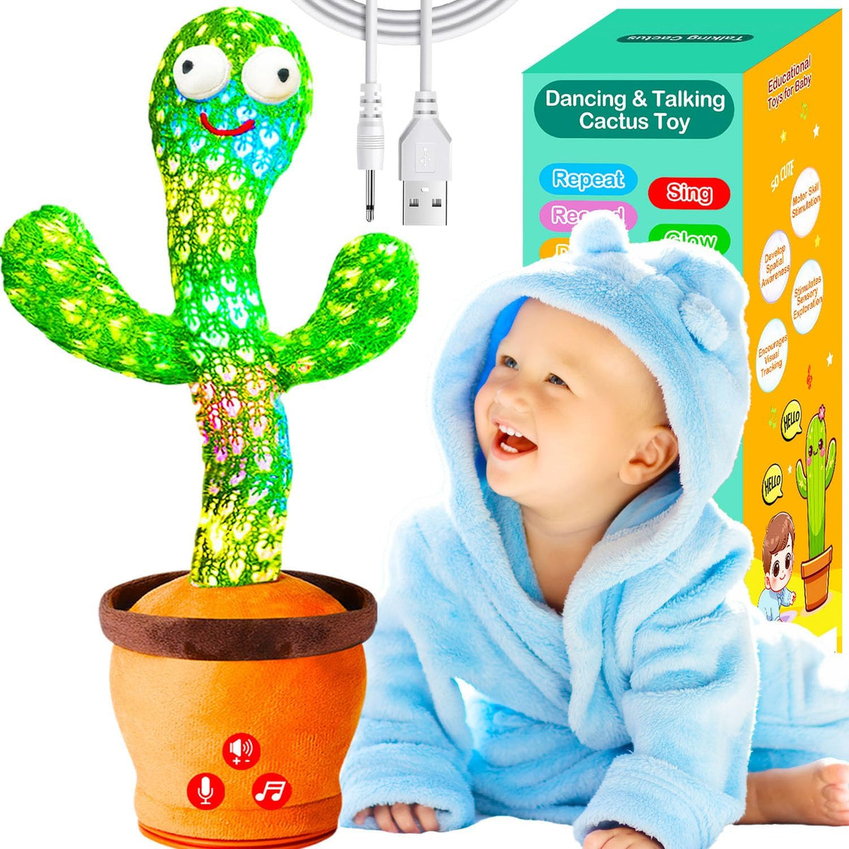 Vitosup Juguetes recargables para bebés, juguete de cactus que habl...