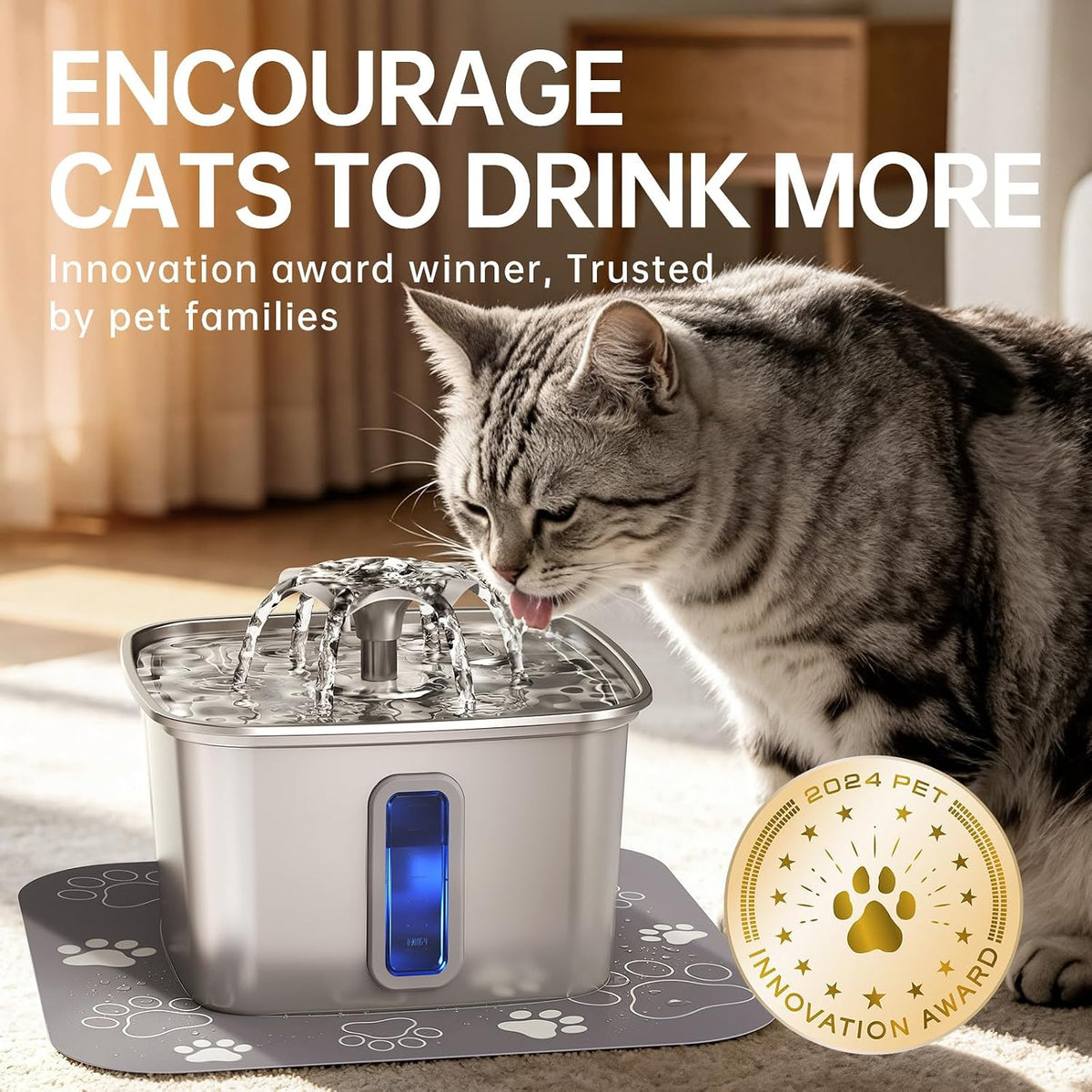 Veken Fuente de agua para gatos de acero inoxidable ganadora del pr...
