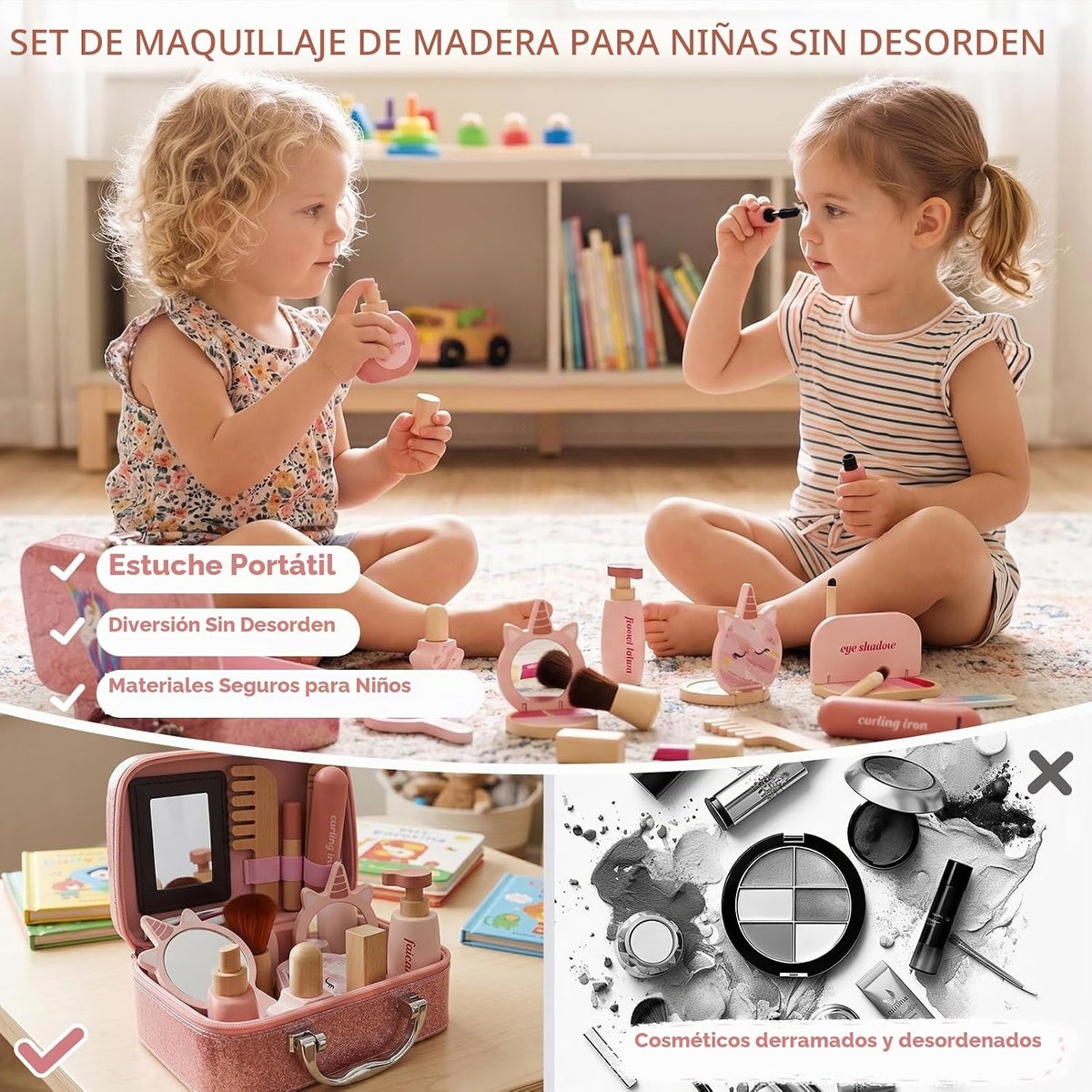 Kit de maquillaje de madera para niñas, juego de maquillaje de simu...