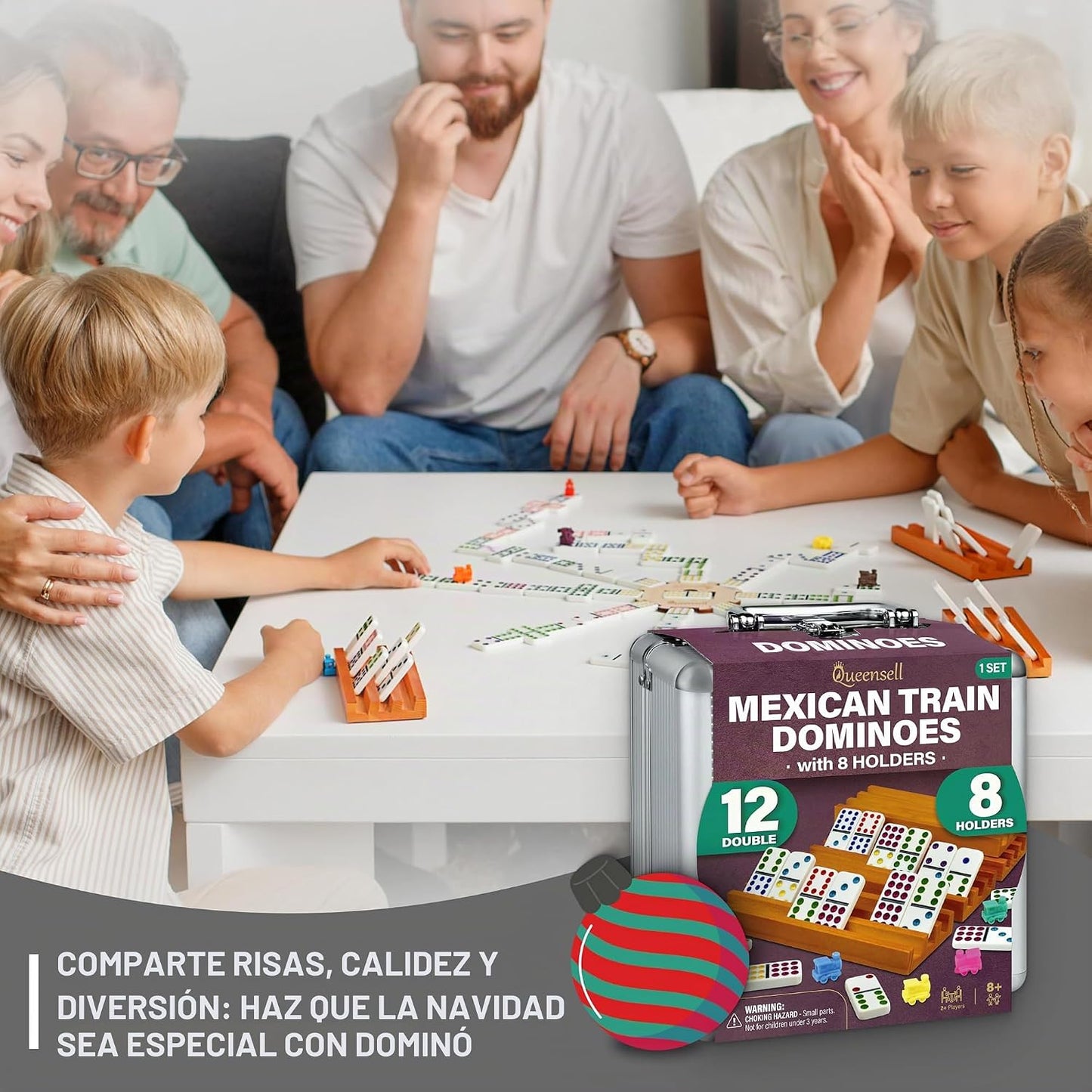 Queensell Juego de dominó de tren mexicano con 8 soportes, cubo de...