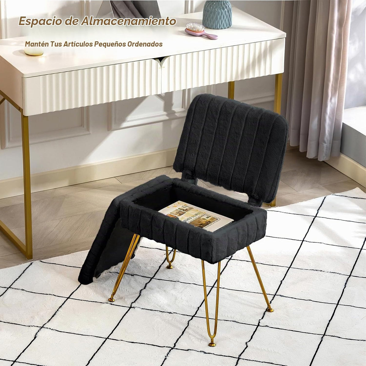 Manyday Silla de tocador con almacenamiento, cómoda otomana con res...
