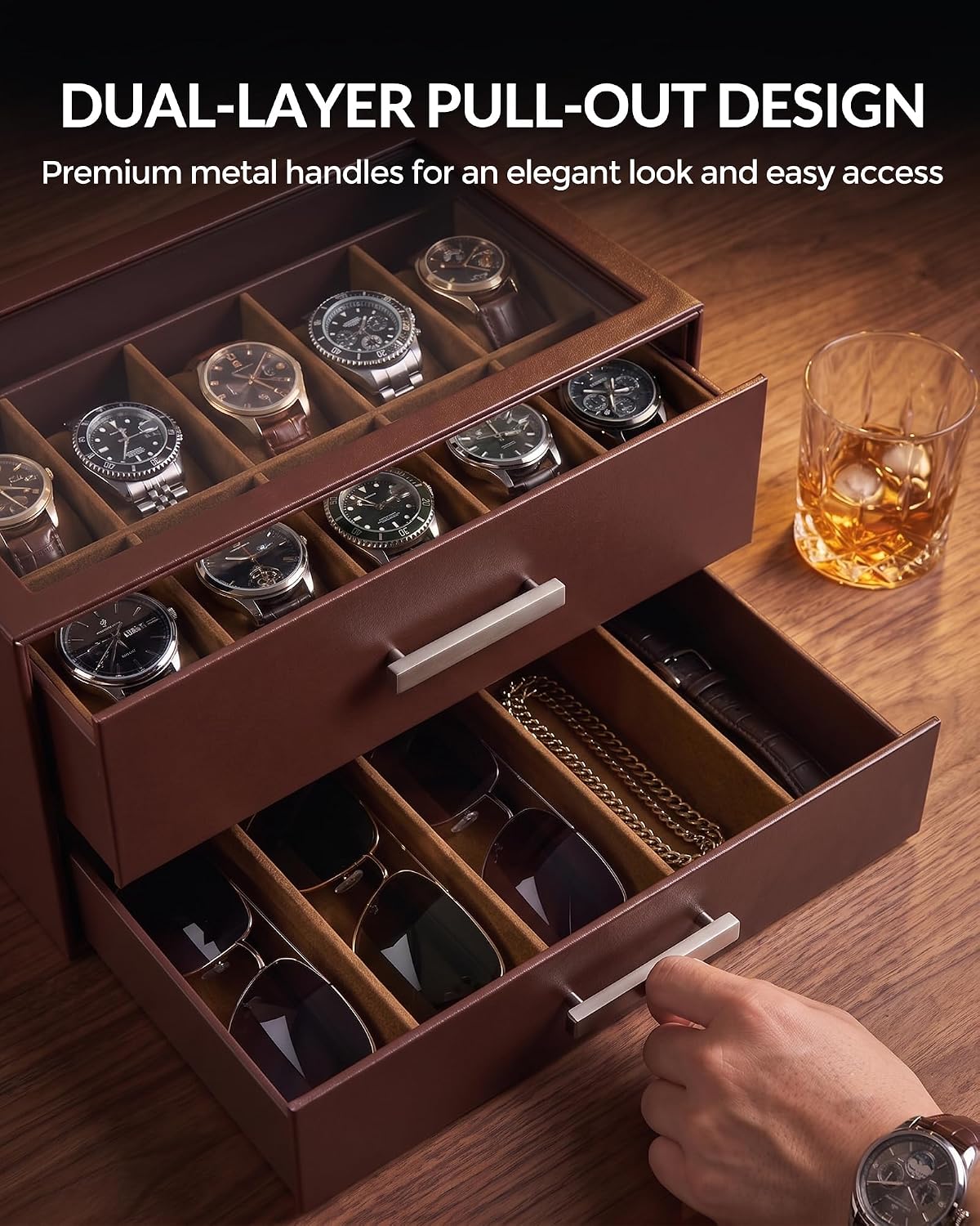 ProCase Caja de reloj de 10 ranuras para hombre, caja de gafas de s...