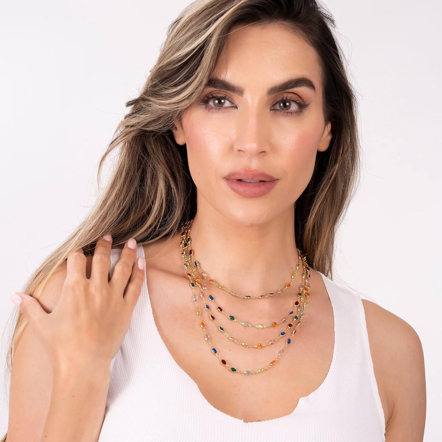 Barzel Collar ovalado de cristal de piedra multicolor chapado en or...