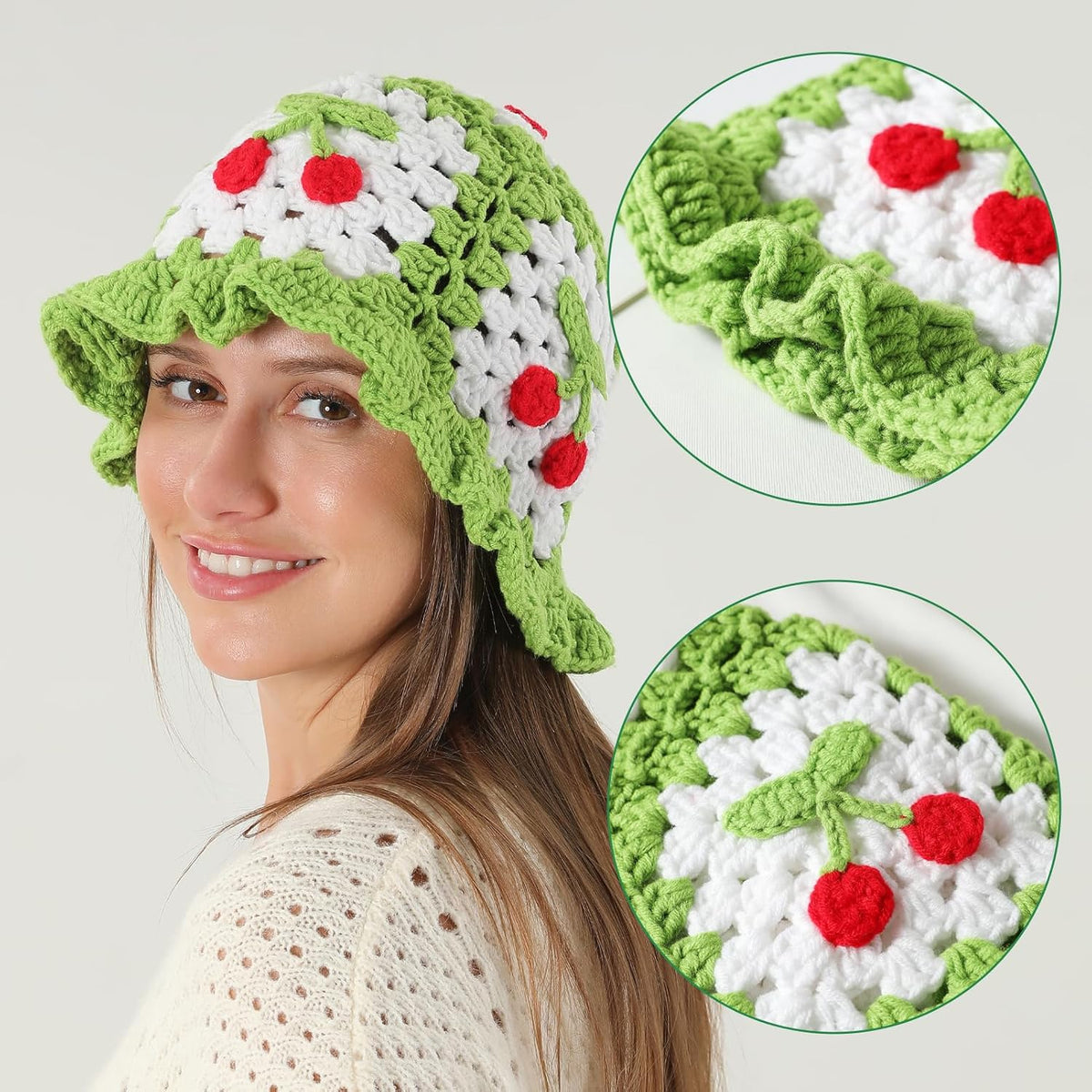 Fiewmay Sombrero de pescador de ganchillo para mujer, hecho a mano,...