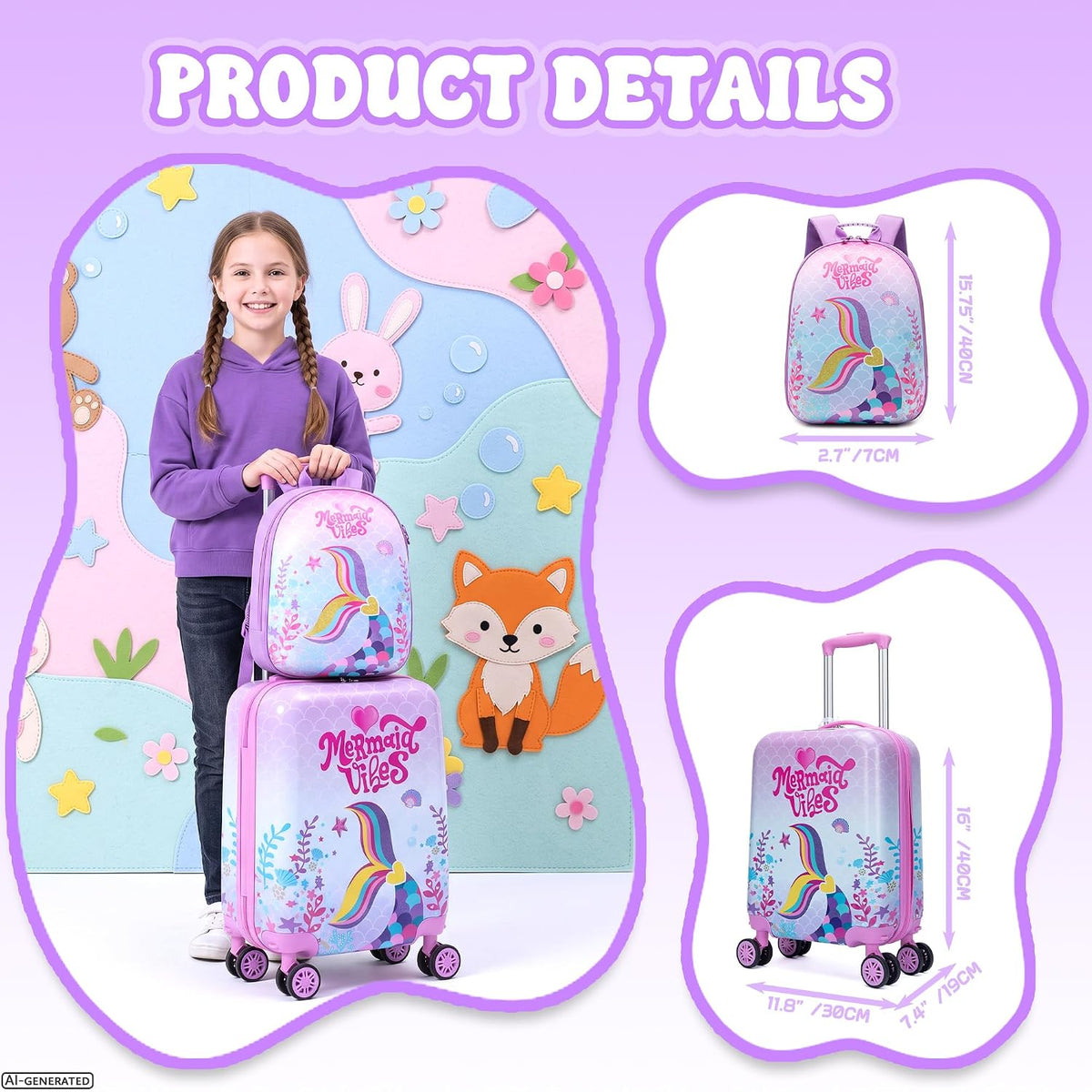 Esteemly Juego de equipaje para niños, 4 piezas, 16 pulgadas, rueda...