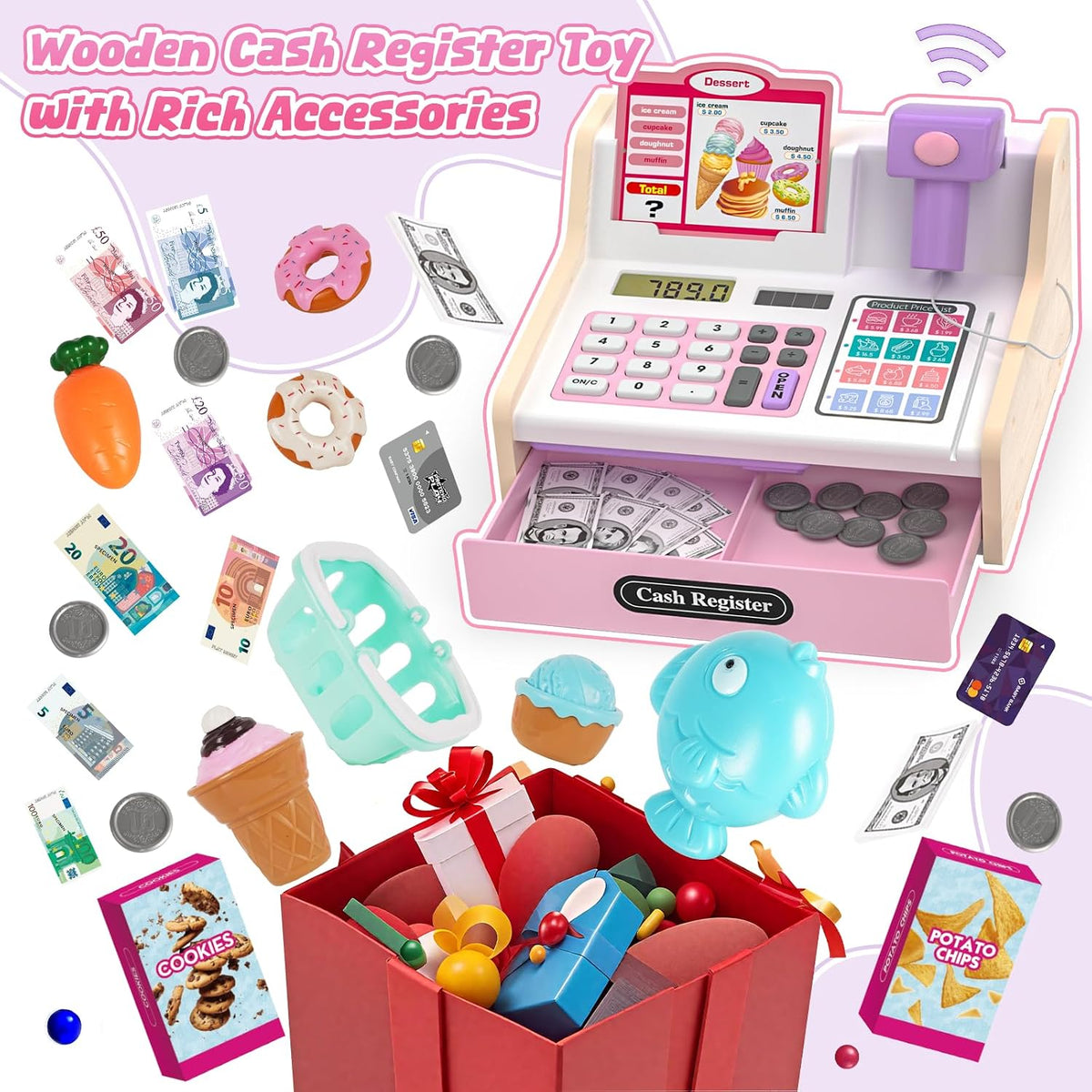Caja registradora de madera para niños, caja registradora recargabl...