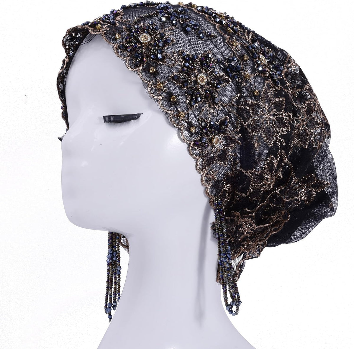 Turbante para mujer, con cuentas de encaje, musulmán, hijab, gorro...
