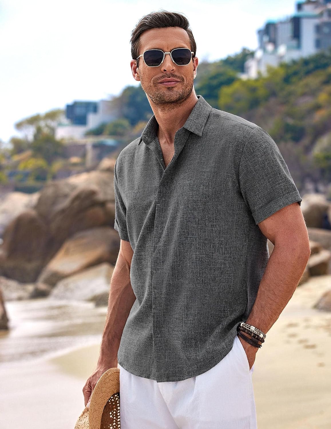 COOFANDY Camisas de lino para hombre de manga corta, camisas casual...
