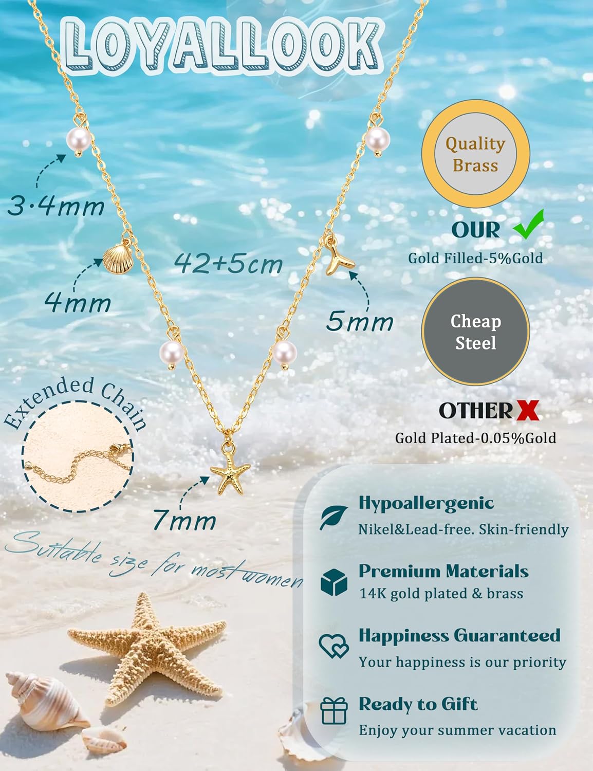 LOYALLOOK Collar de estrella de mar de concha para mujer, chapado e...