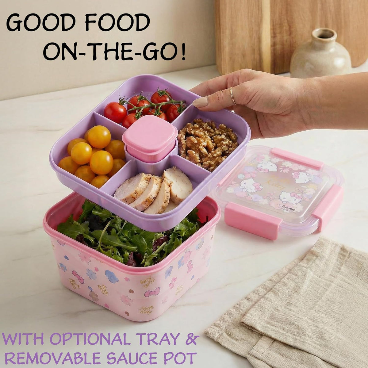 Hello Kitty Sanrio - Contenedor de ensalada Bento para niños, lonch...