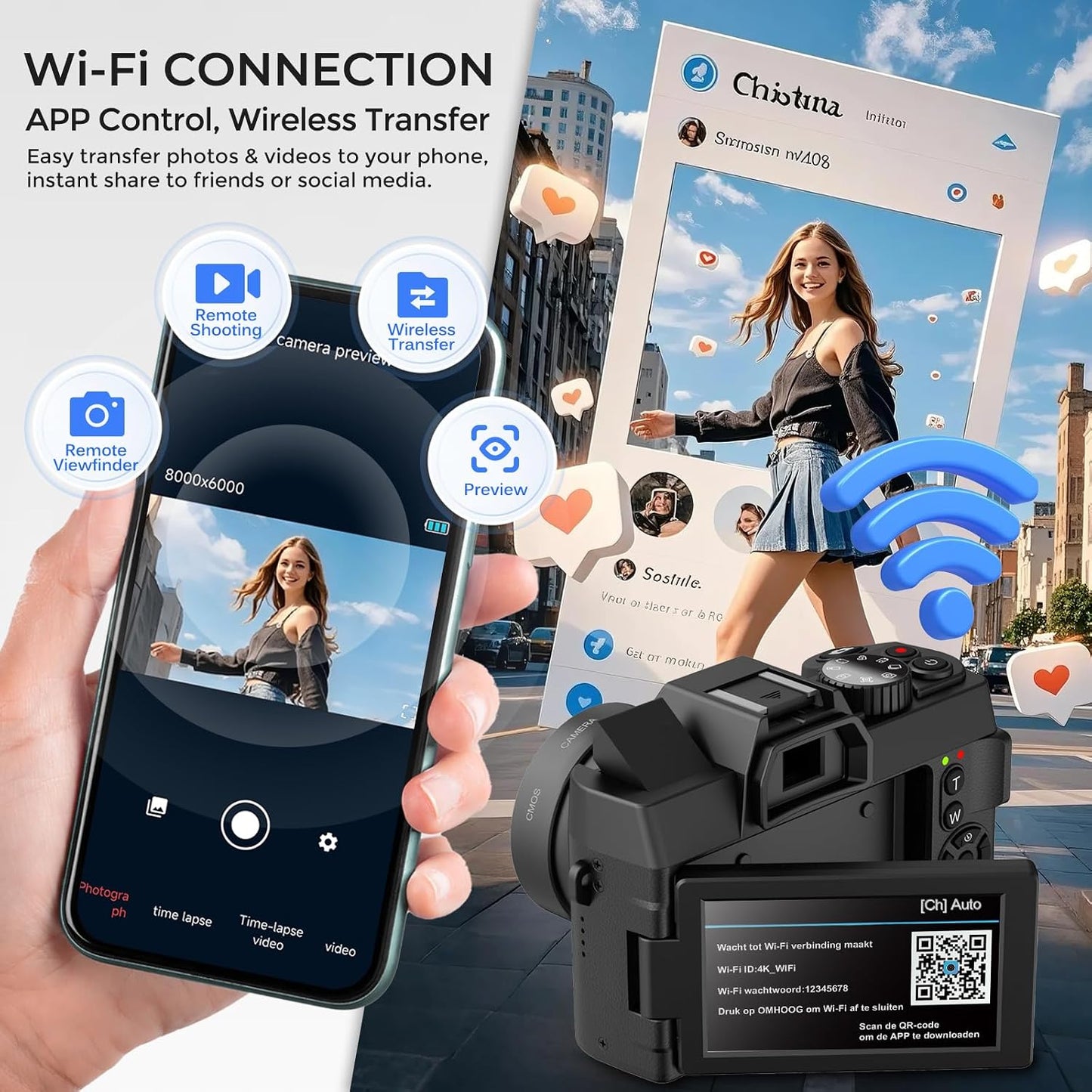 Cámara digital 4K para fotografía con WiFi, cámara de videoblogs co...