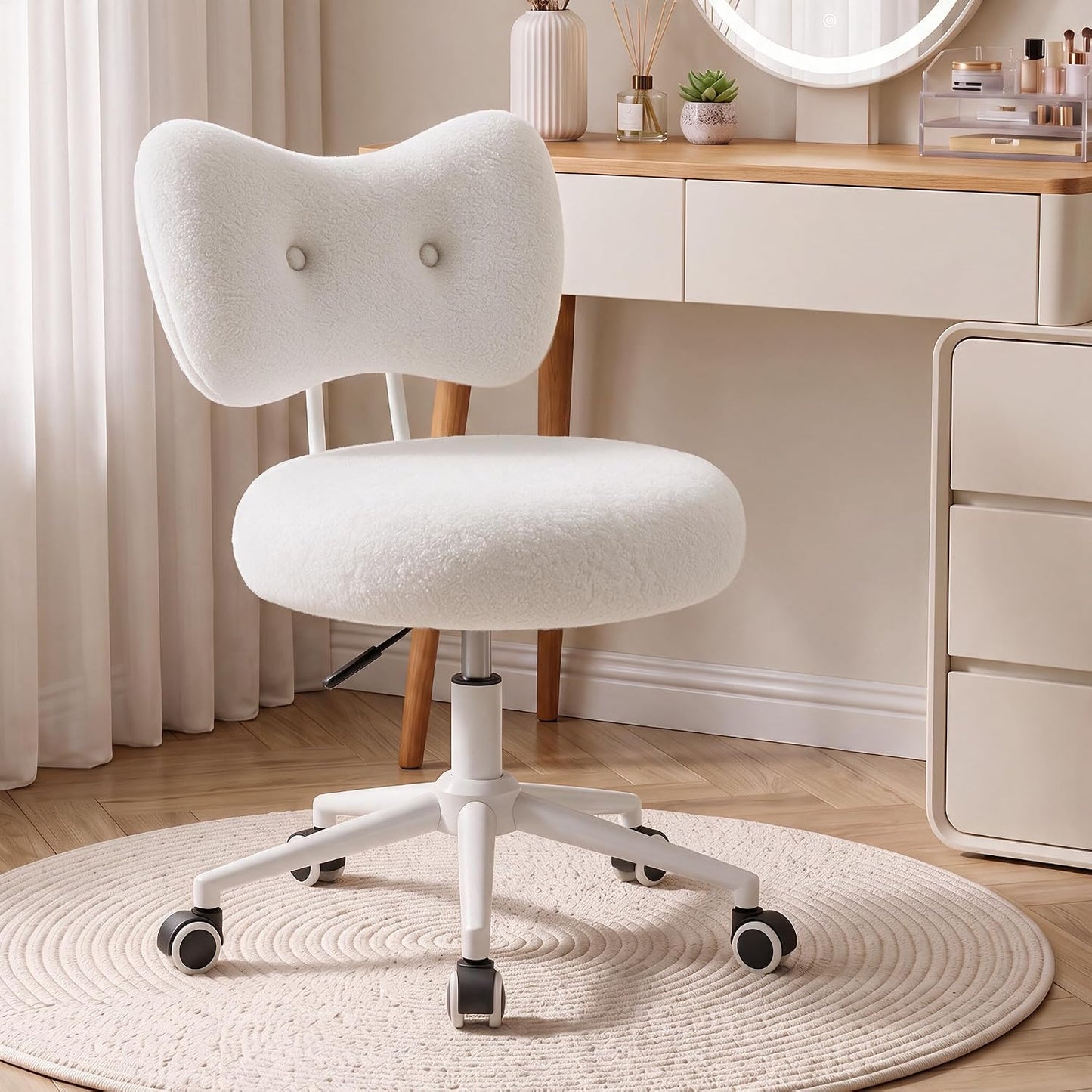 Silla de tocador pequeña con ruedas, cómoda silla de escritorio con...