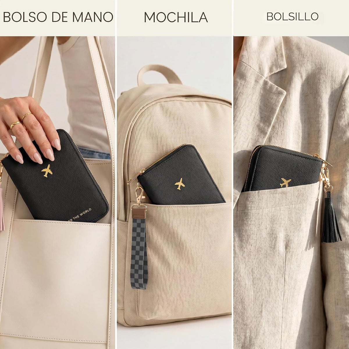 Hermoso soporte para pasaporte y cartera de viaje con correa de muñ...