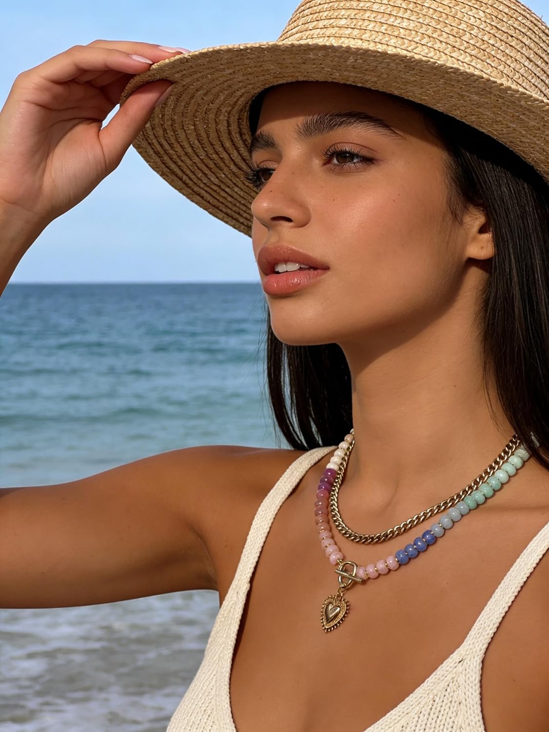 ALFISO Collares en capas para mujer, colgante de corazón chapado en...
