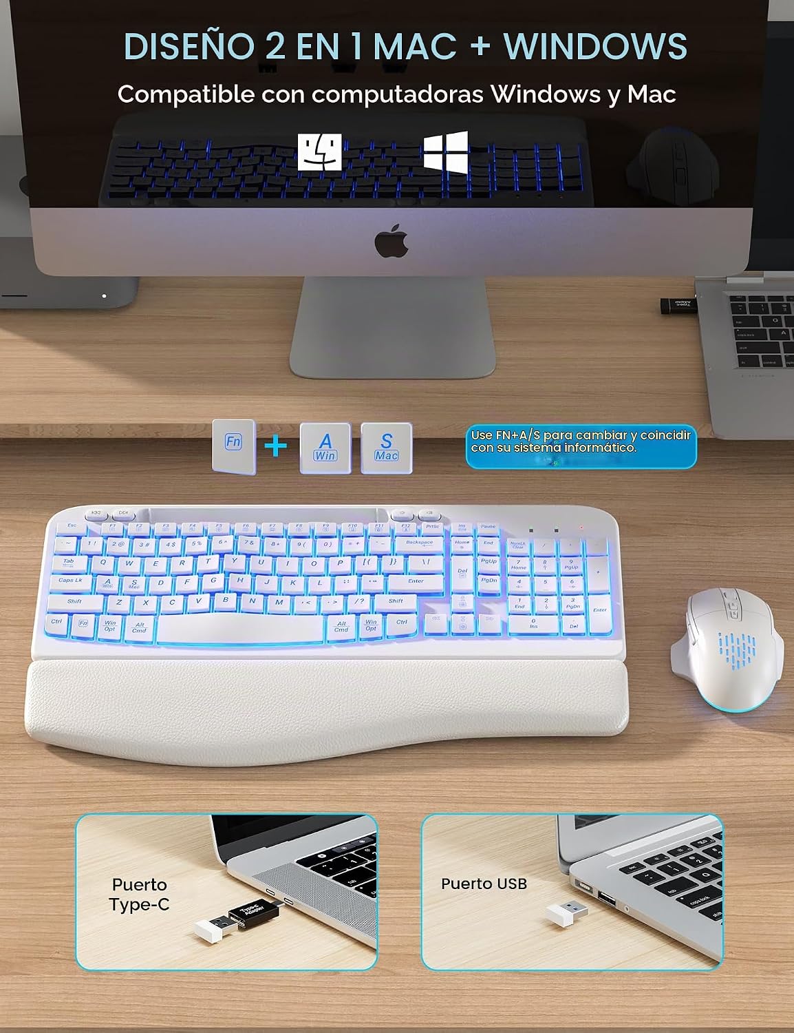 SABLUTE Combo de teclado y mouse inalámbricos: teclado ergonómico o...