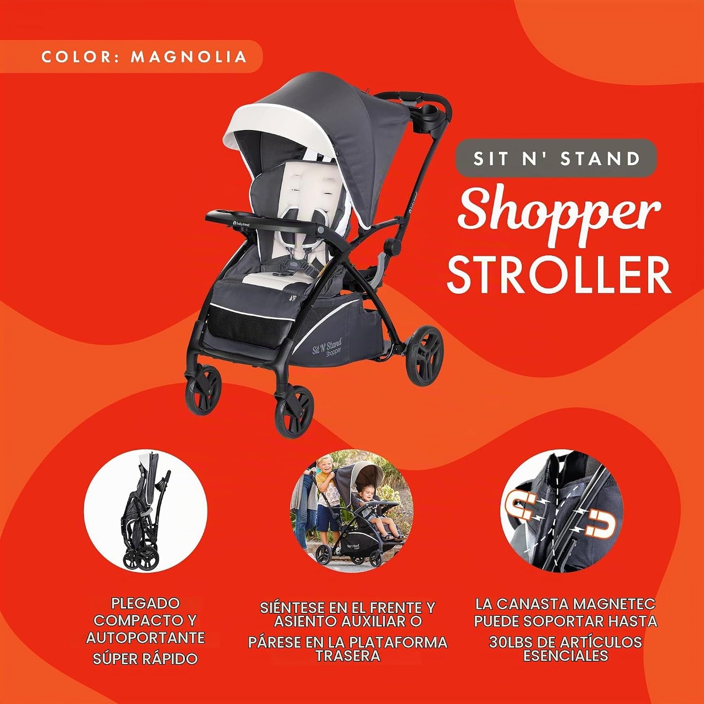 Baby Trend Sit N' Stand - Cochecito 5 en 1 con toldo, magnolia...