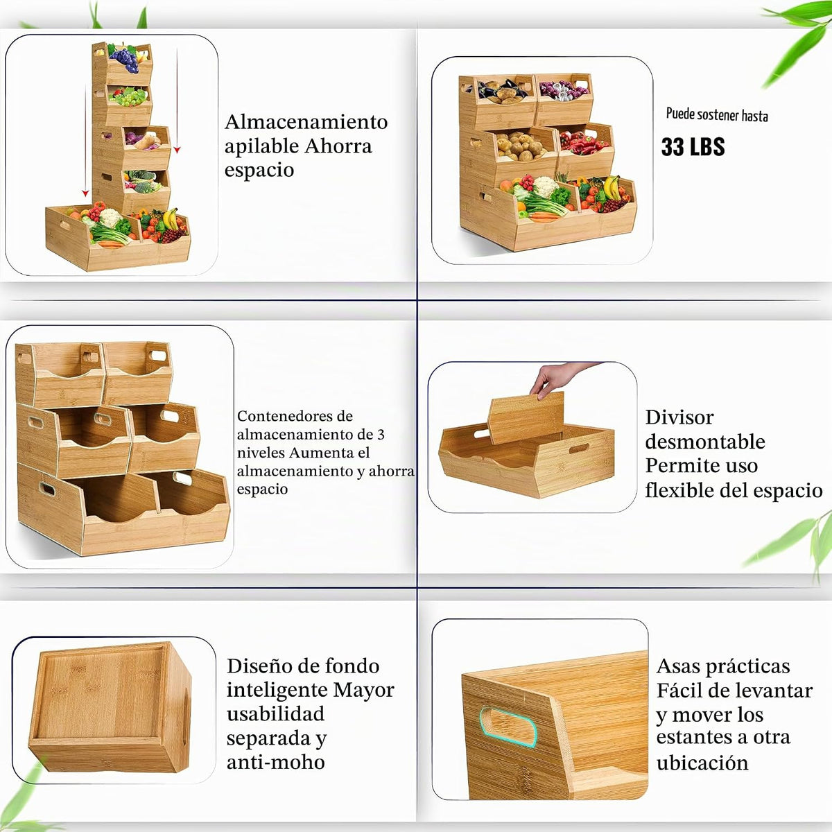 [Actualizado] Contenedores de almacenamiento apilables de bambú de...