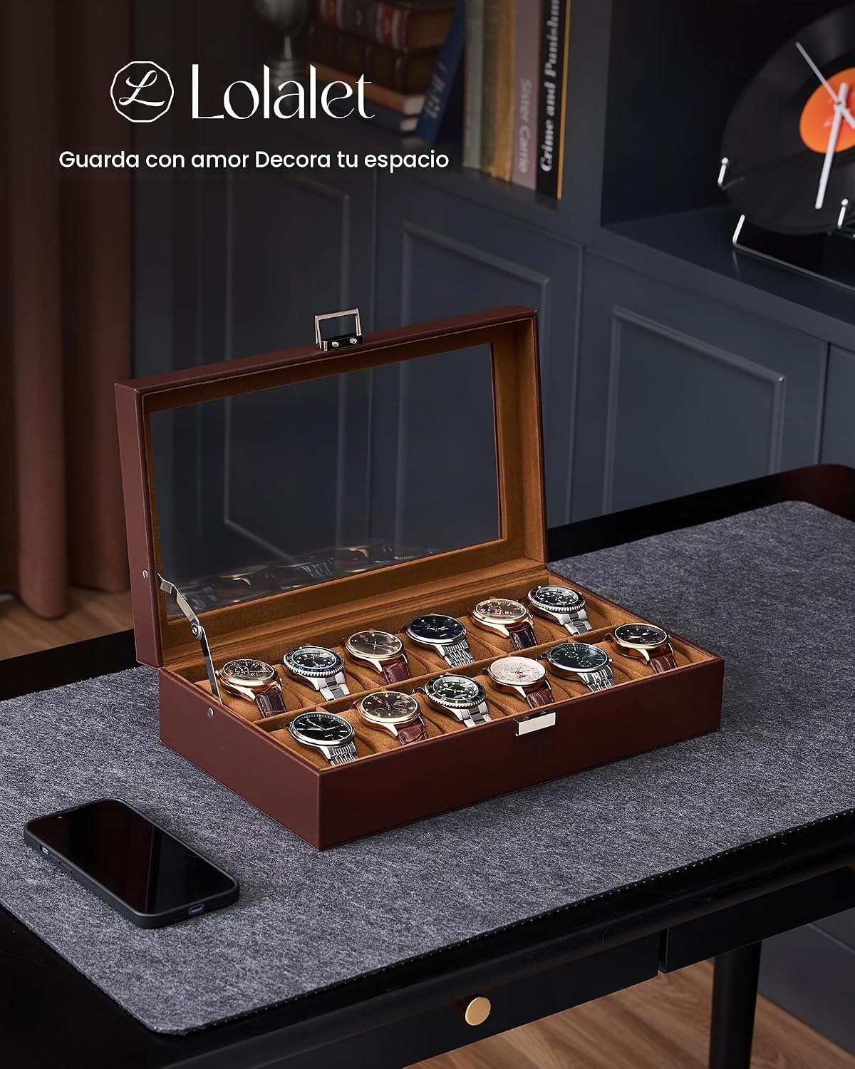 Lolalet Caja de reloj para hombre, caja de exhibición de 12 ranuras...
