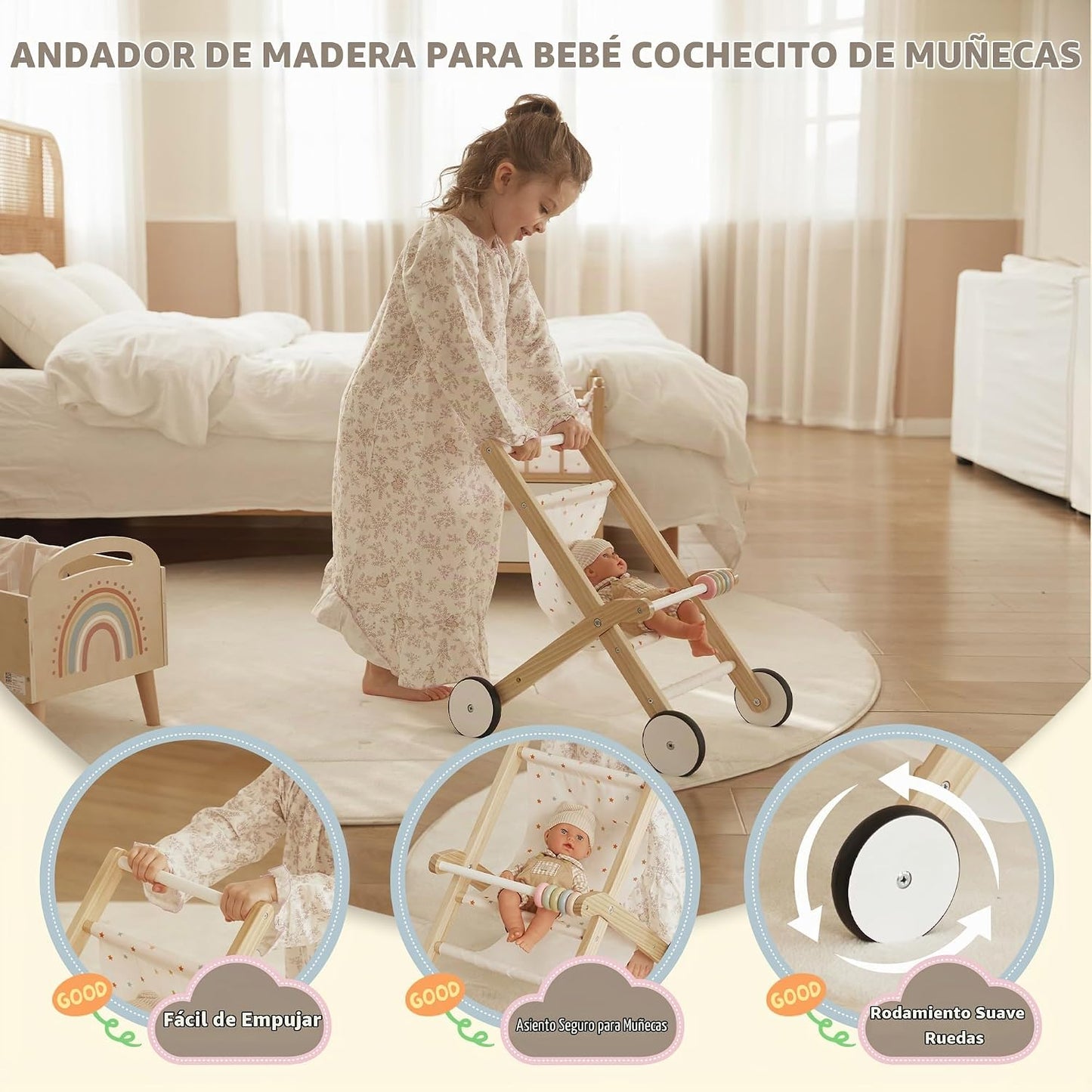 Freniland Cochecito de madera para muñeca de bebé, juguete para cam...