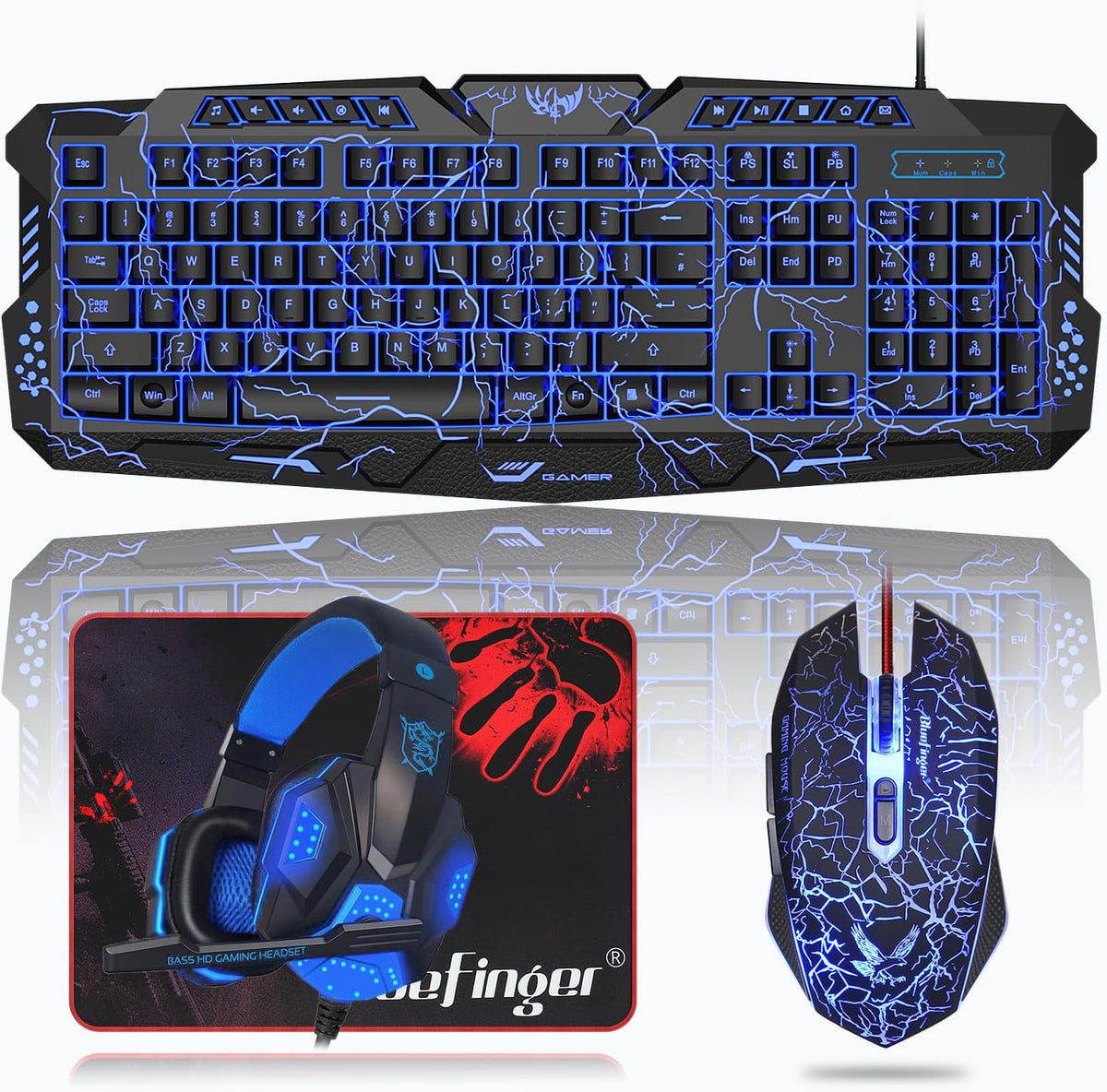 BlueFinger Combo de Teclado Retroiluminado para Juegos, Mouse y Aur...