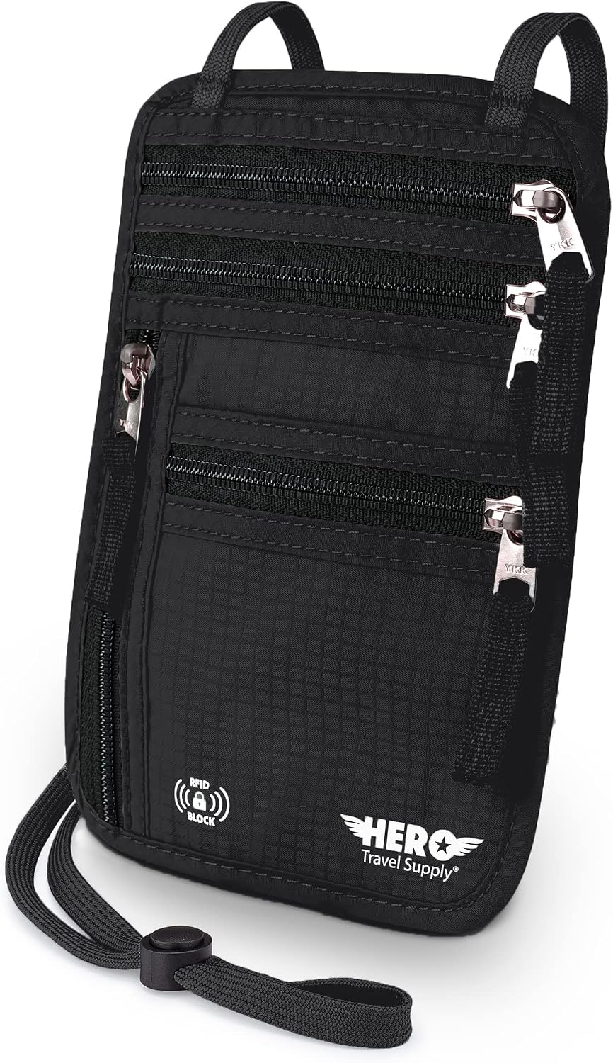 HERO - Cartera para el cuello - Soporte para pasaporte con bloqueo...