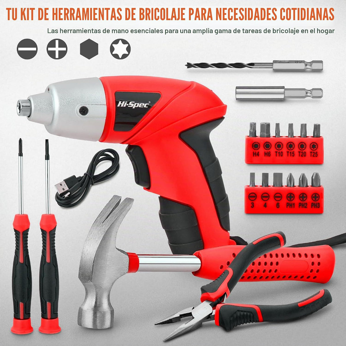 Hi-Spec Destornillador eléctrico pequeño USB de 3.6V y kit de herra...