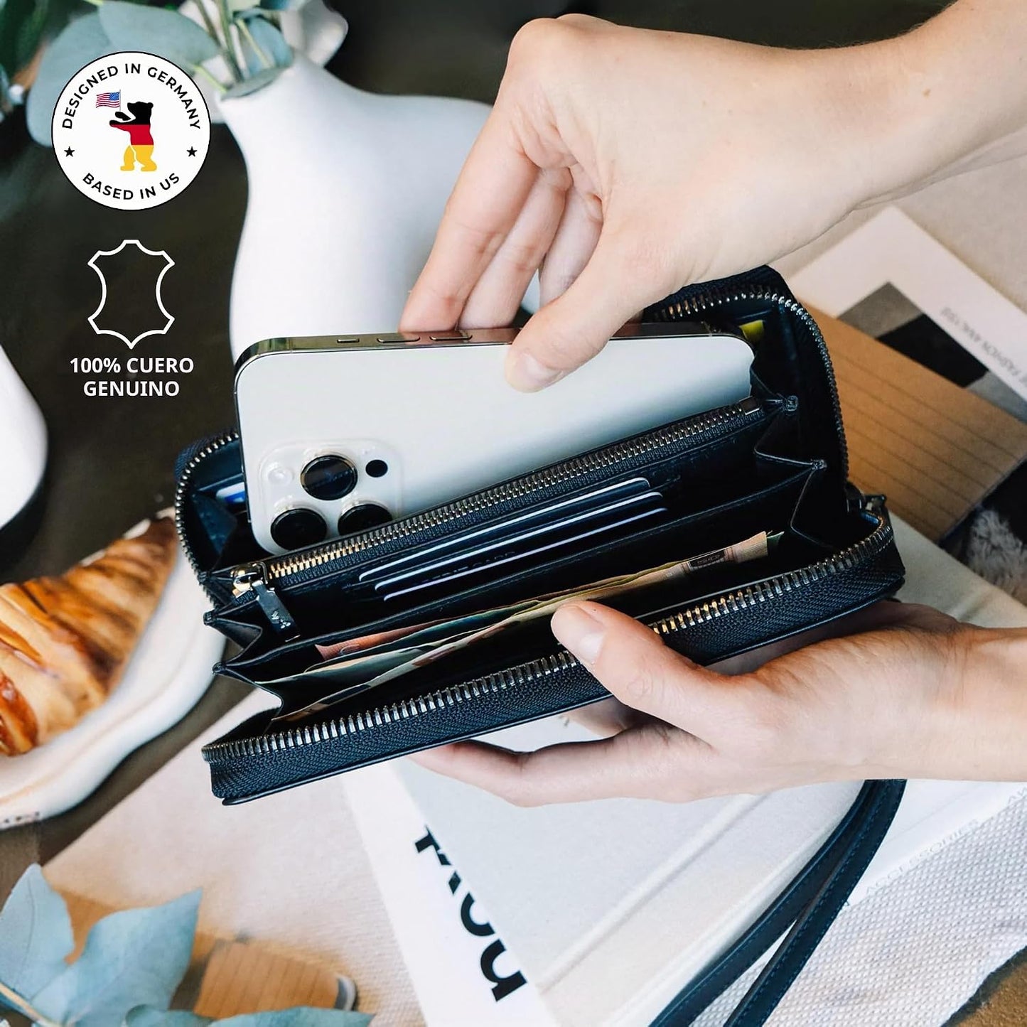 BERLINER BAGS Cartera Lyon de piel auténtica de alta calidad, con b...
