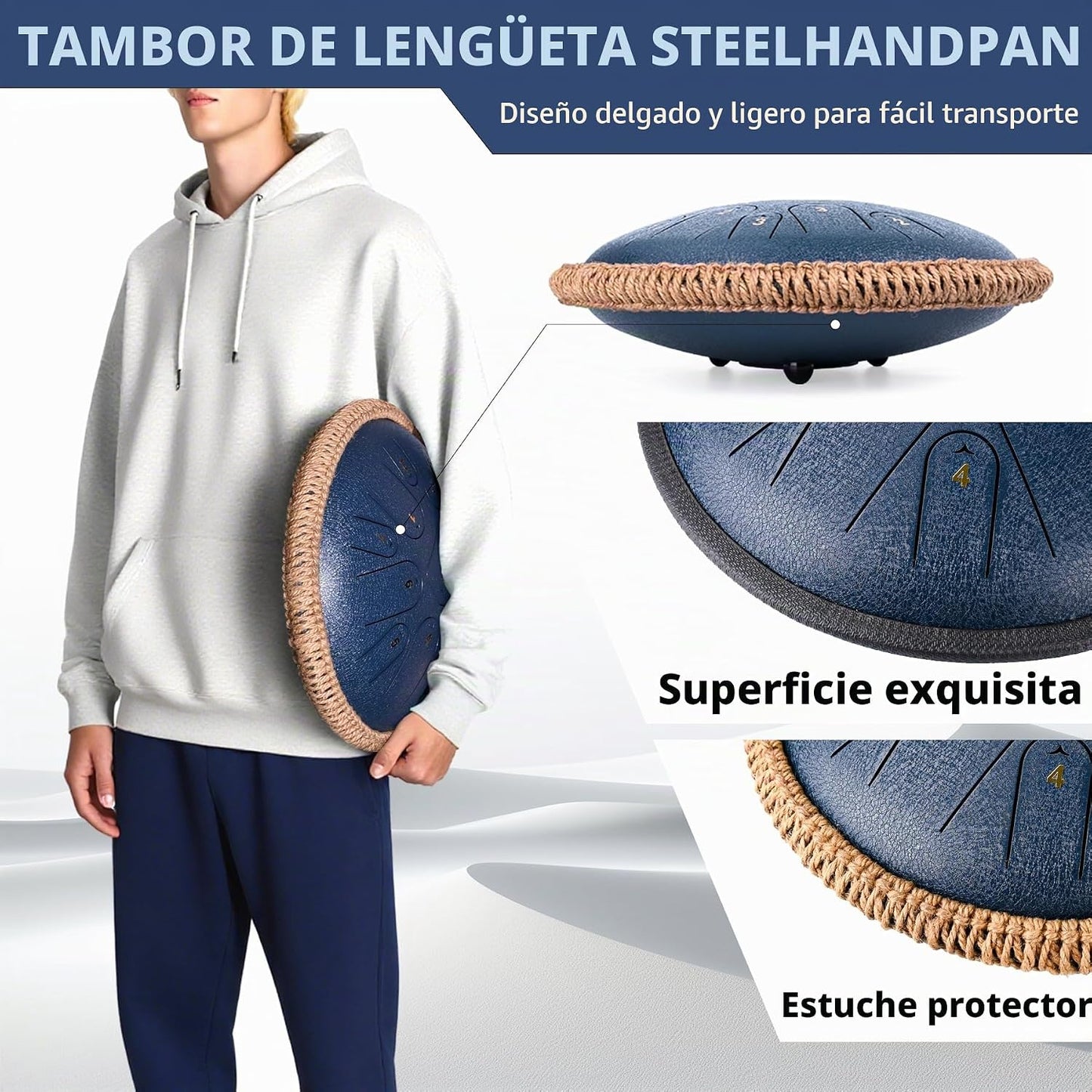 Tambor de Lengua de Acero, 13 Pulgadas, 15 Notas Handpan Drum en Do...