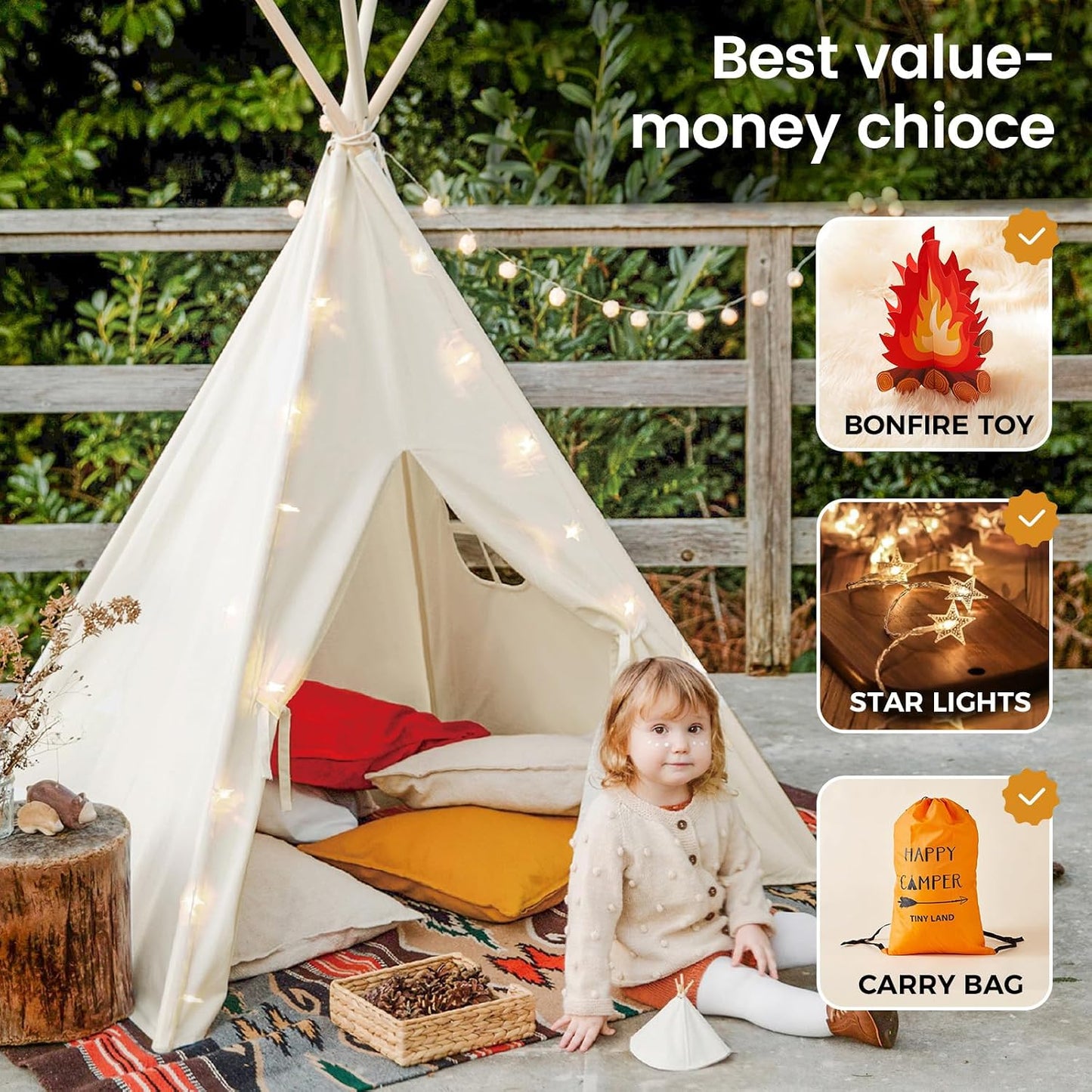 Tiny Land Tienda de campaña tipi para niños con luces de estrella,...
