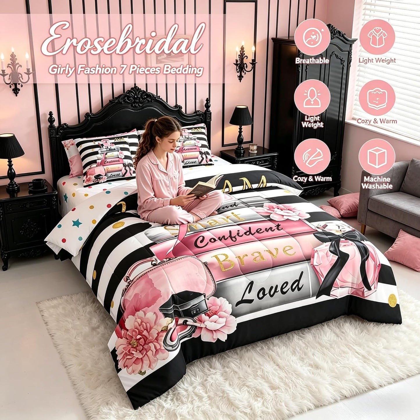 Erosebridal Juego de edredón de moda rosa con sábanas tamaño comple...