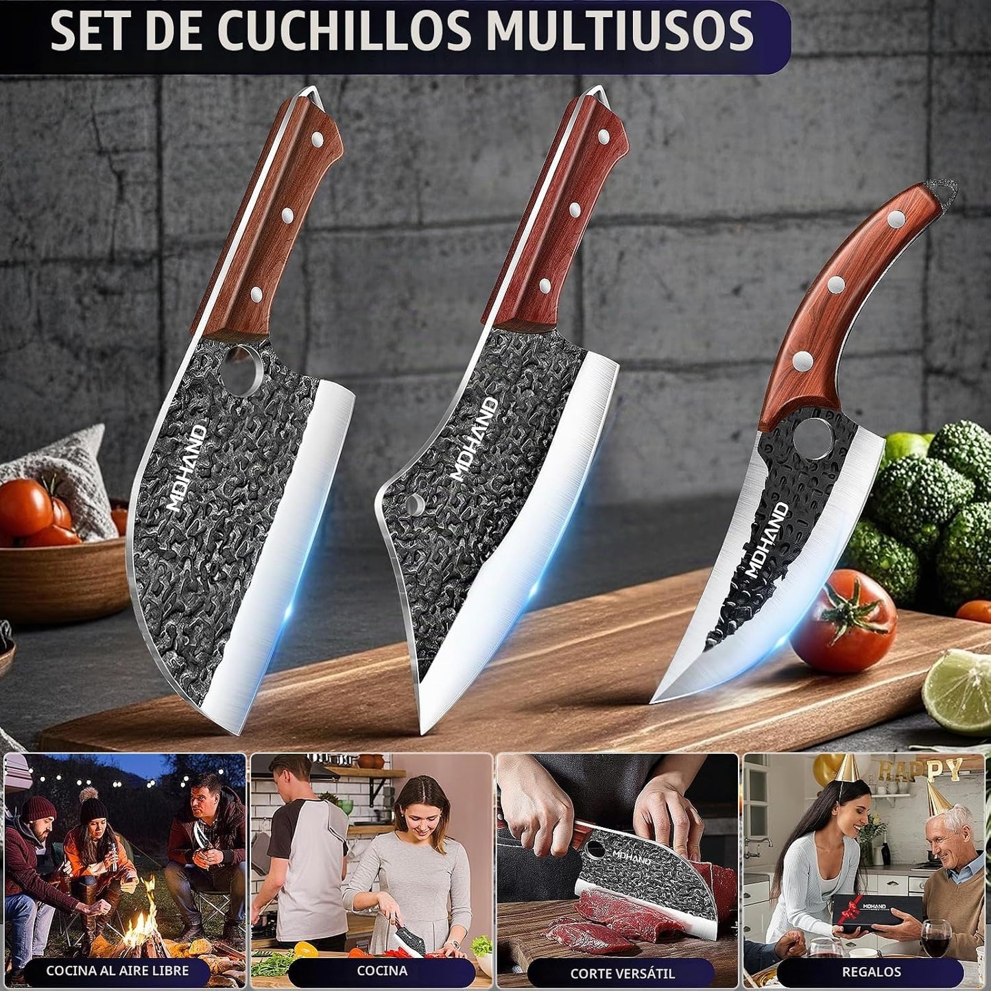 MDHAND - Juego de cuchillos de carnicero, juego de cuchillos de che...