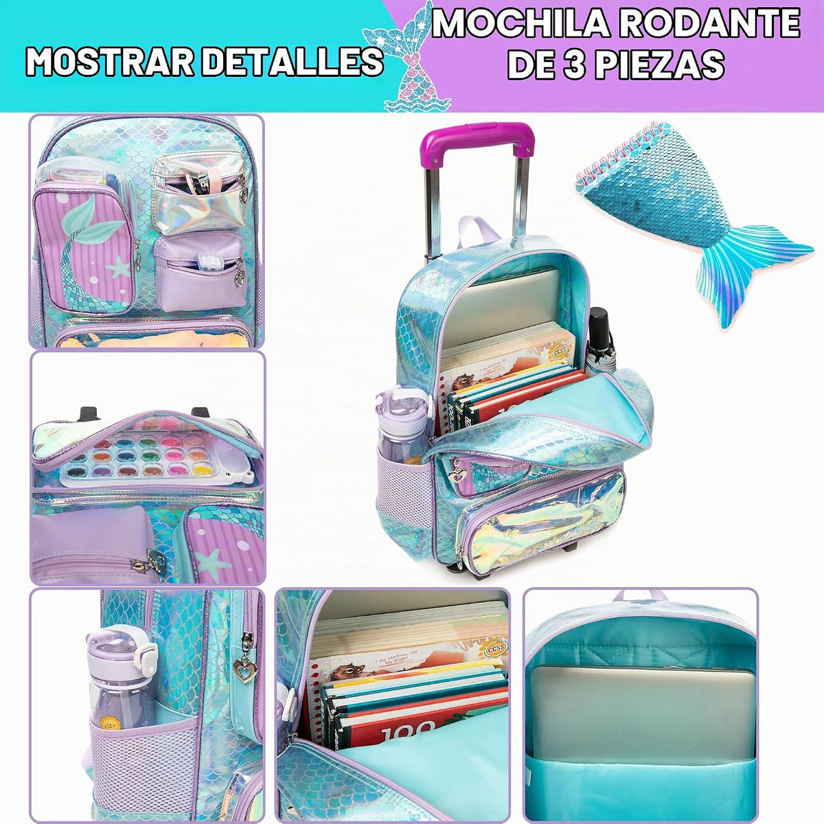 Meetbelify Mochila con ruedas de sirena para niñas, mochila con rue...