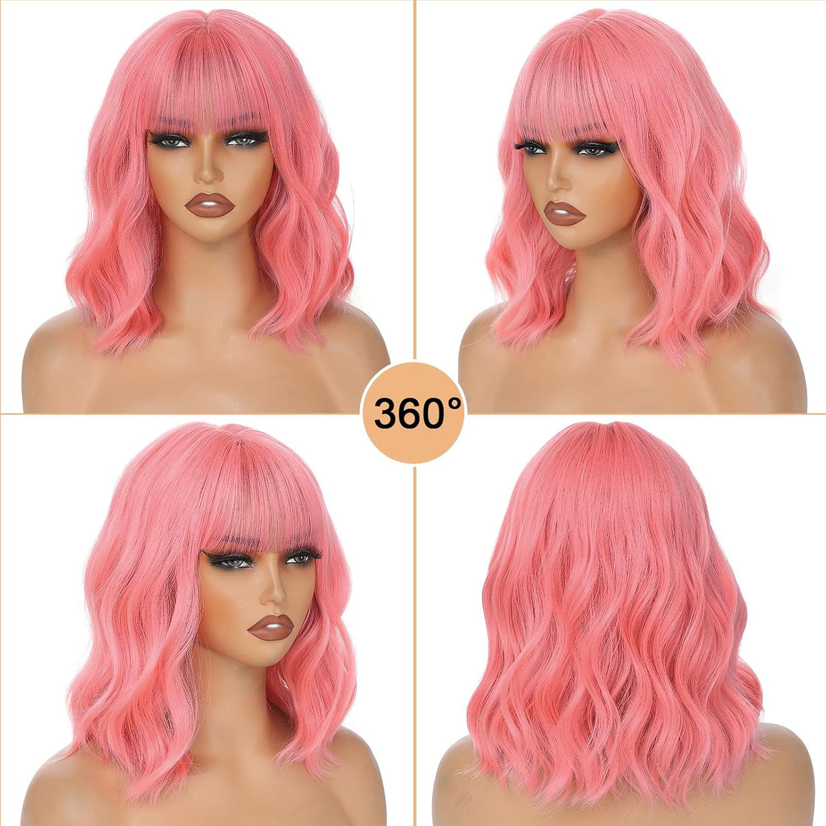 AGO Pelucas de cabello corto ondulado color rosa, peluca estilo Bob...