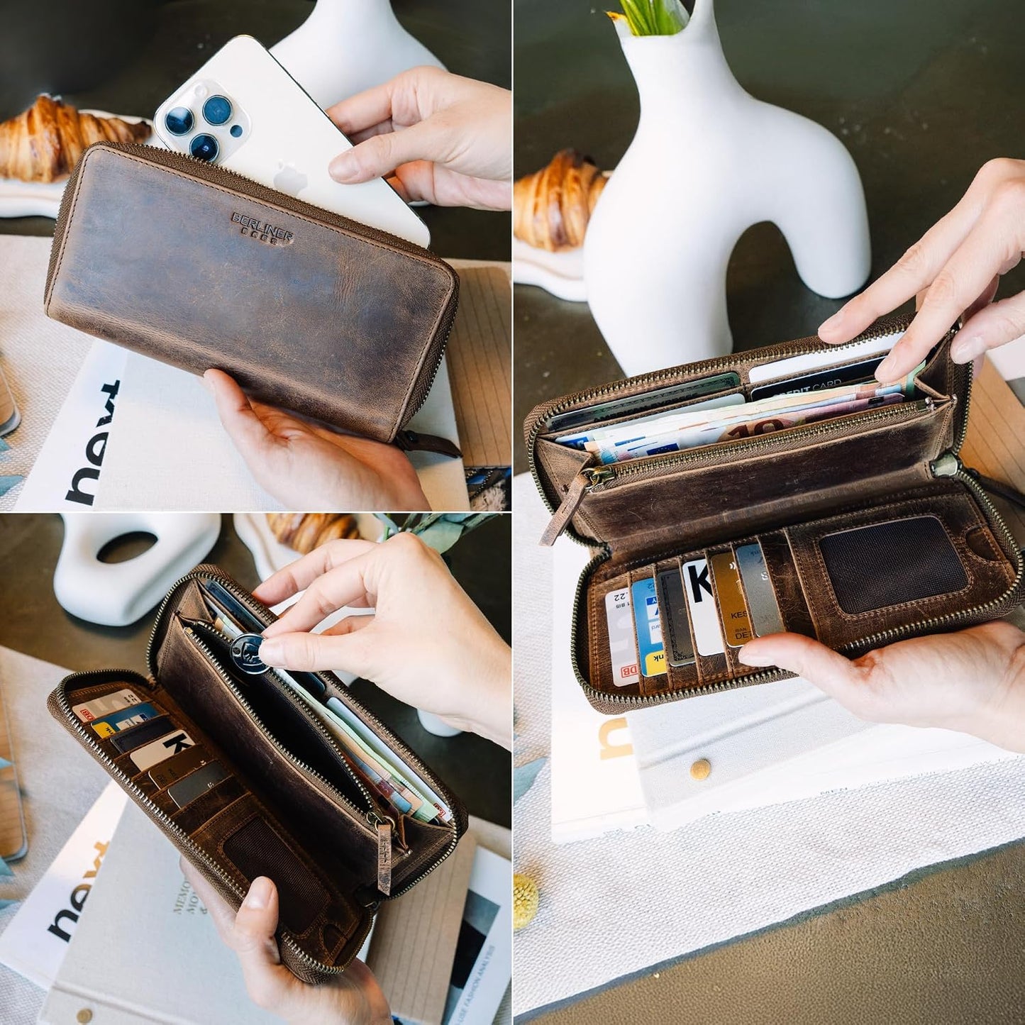 BERLINER BAGS Cartera de cuero genuino con cremallera para mujer, c...