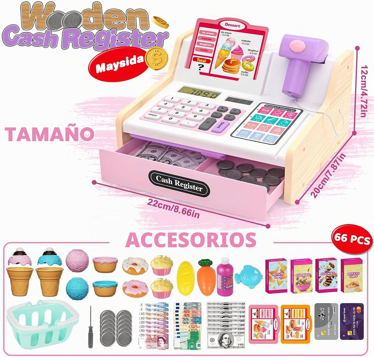Caja registradora de madera para niños, caja registradora recargabl...