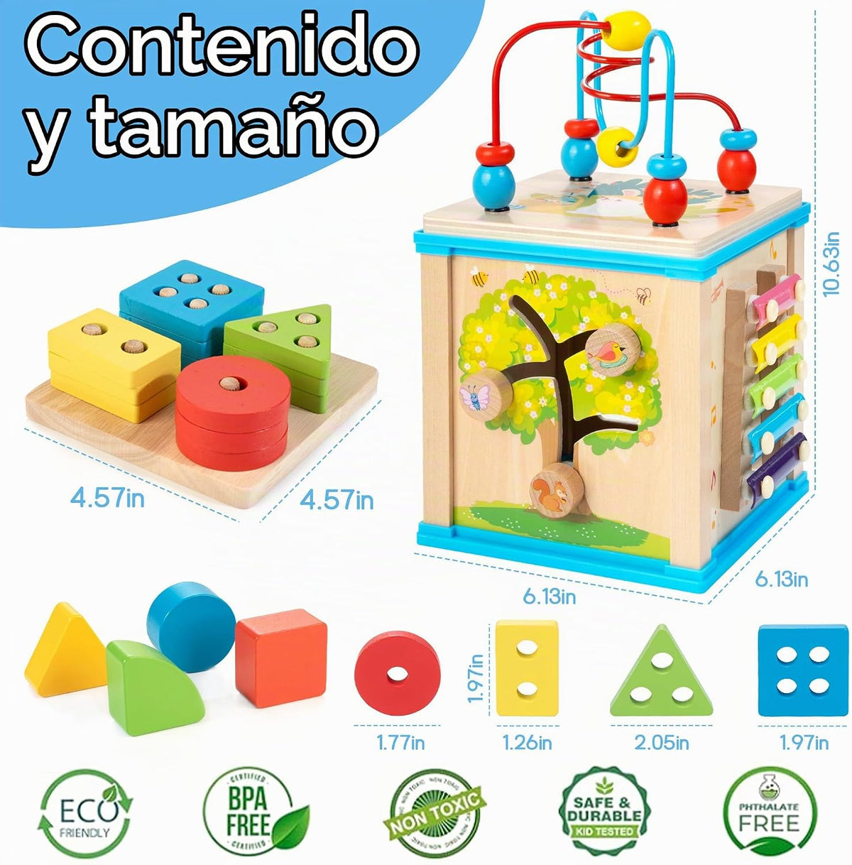 WOODMAM Cubo de Actividades de Madera 7 en 1, Juguetes Montessori p...