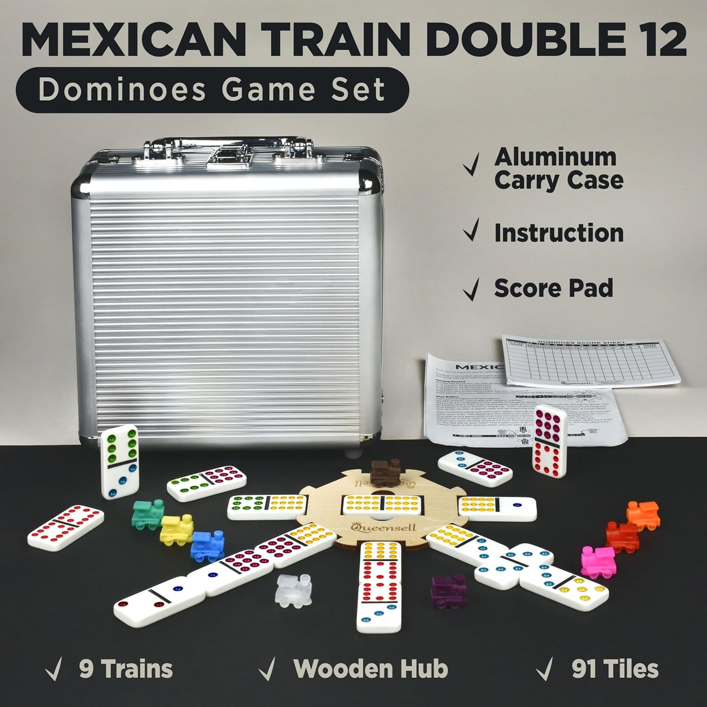 Queensell Juego de dominó de tren mexicano con cubo de madera, jueg...