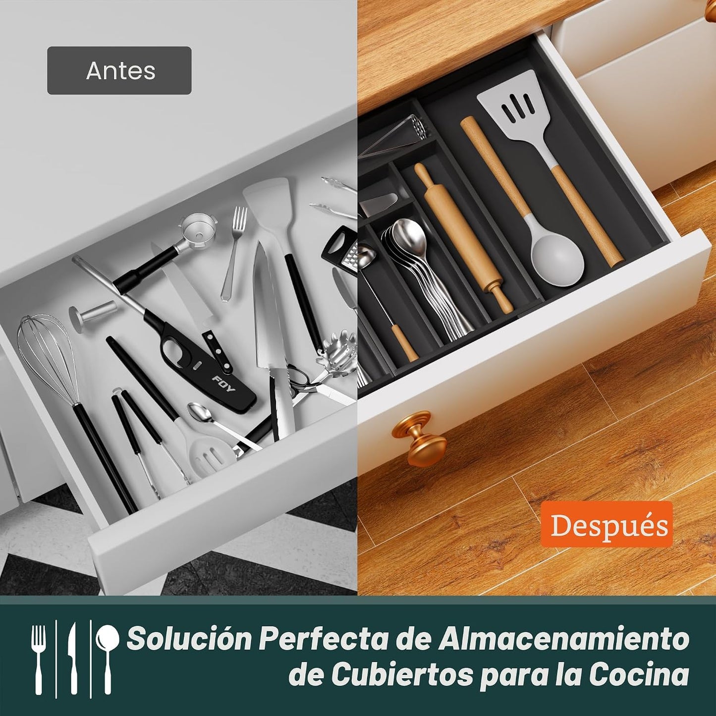 Organizador de cubiertos grande, magnético, expandible, con 13 ranu...