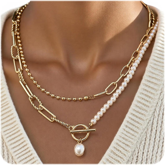 Collar de cadena de perlas en capas de oro para mujer, chapado en o...