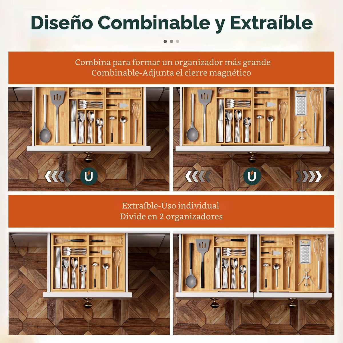 Organizador de Cubiertos Grande, Conectado Magnéticamente Expandibl...