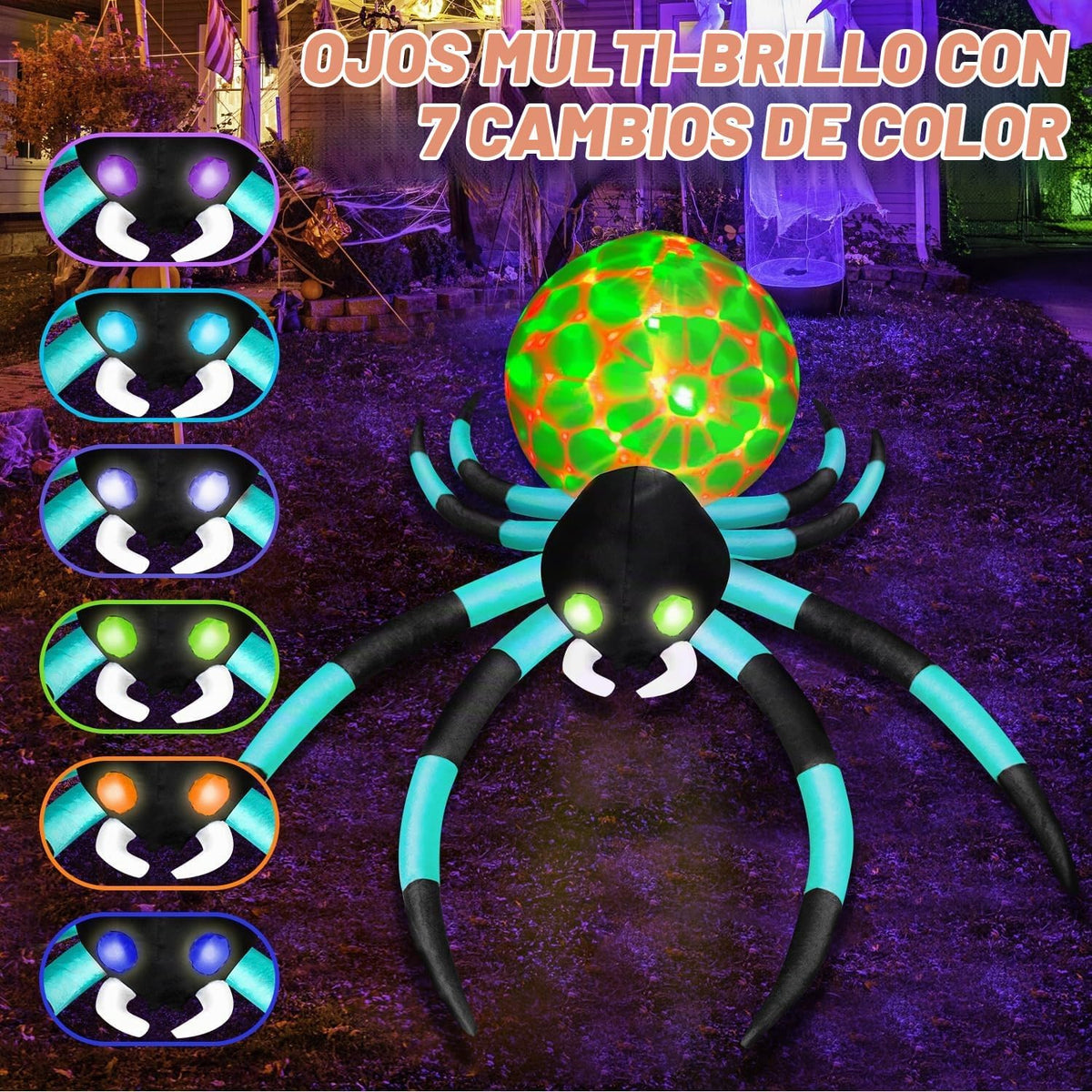 Araña gigante inflable de Halloween de 12 pies con 7 ojos que cambi...