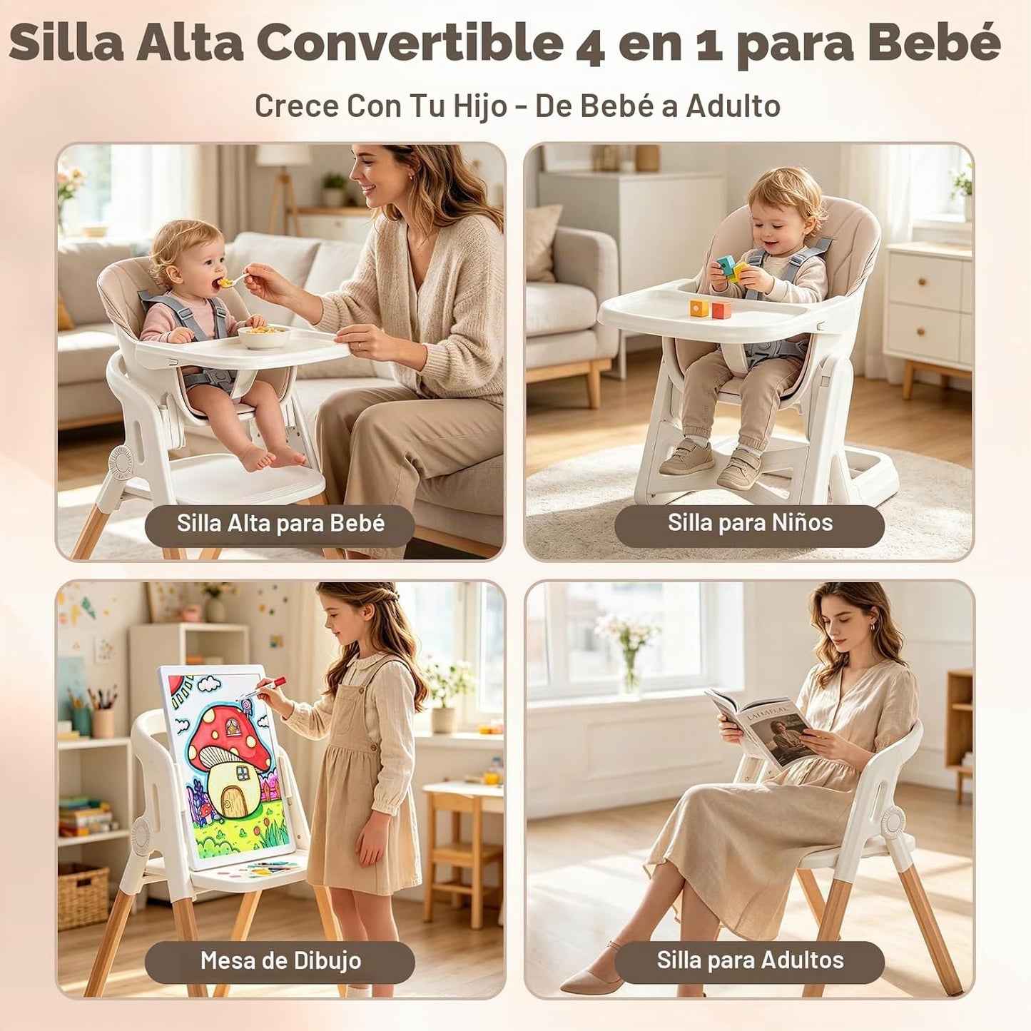 Silla alta plegable para bebé, sillas altas de madera convertibles...
