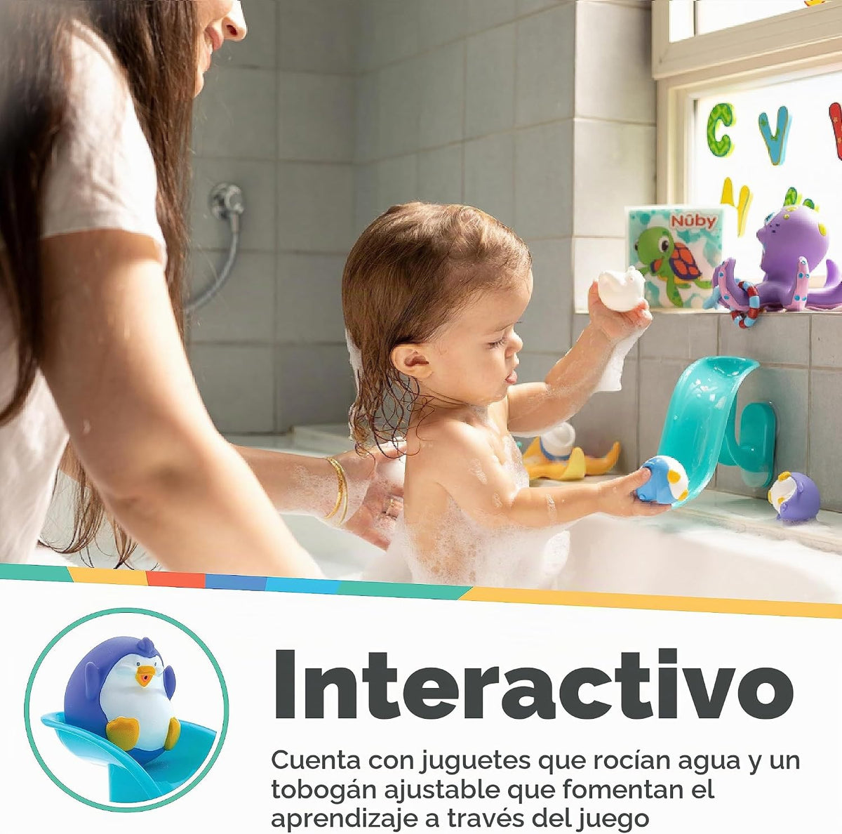 Nuby Penguin Slide - Juego de juguetes de baño con 4 chorros de bañ...