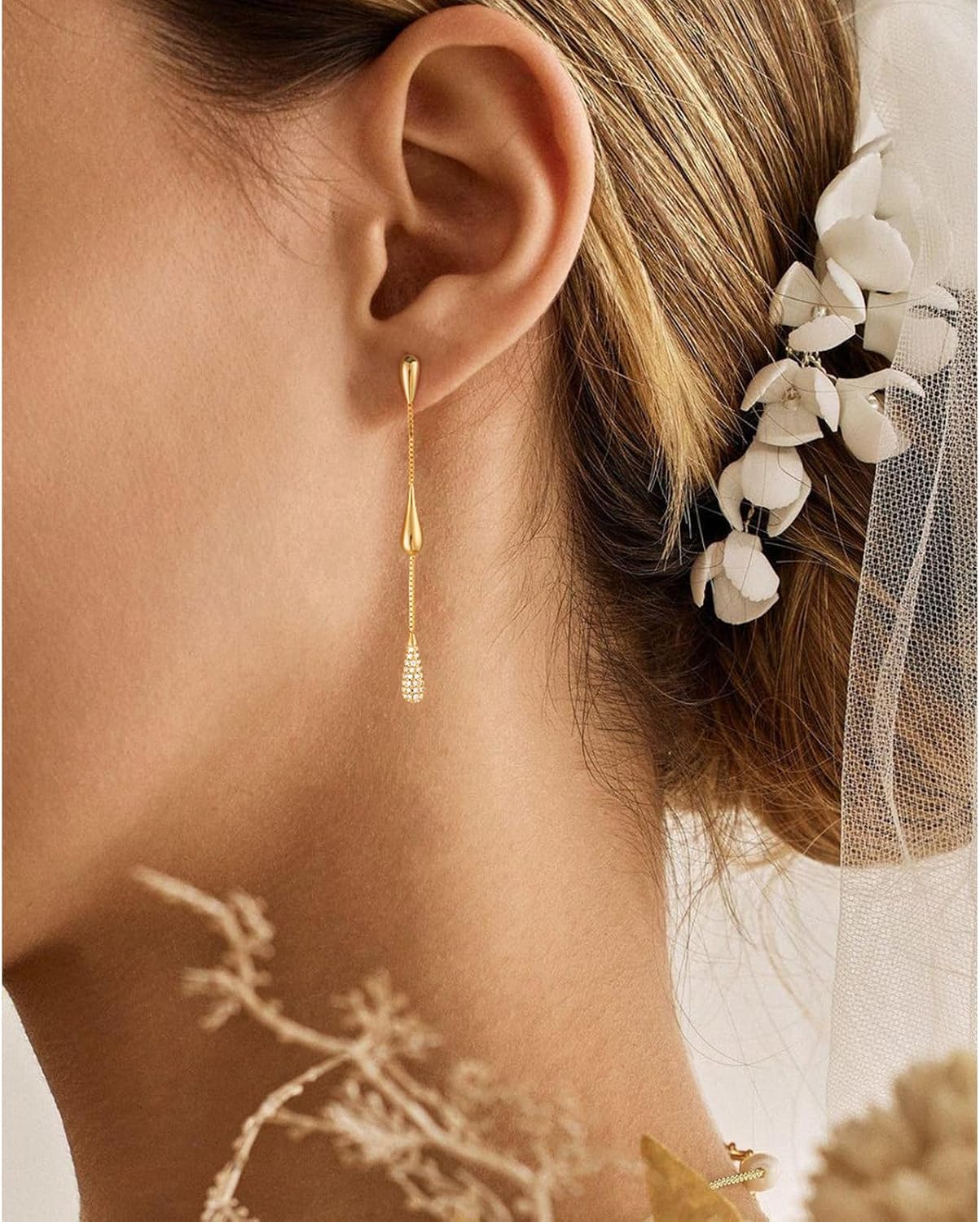 Aretes colgantes para mujer, chapados en oro de 14K con circonita c...