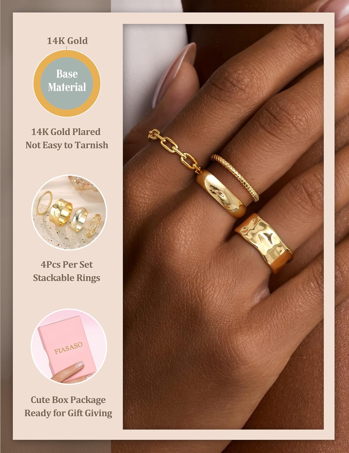 FIASASO Juego de 4 Anillos Gruesos Apilables para Mujer, Anillos Ch...