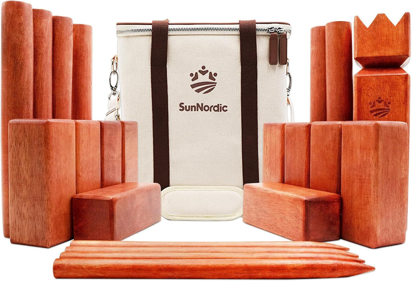 SunNordic Juego de jardín Kubb de madera de caucho con bolsa de tra...